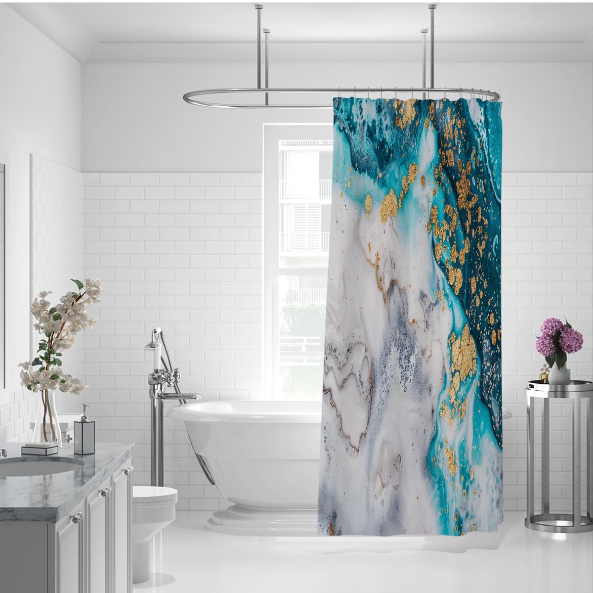 Rideau de Douche marbre Blanc Sarcelle Moderne W240xL180 cm
