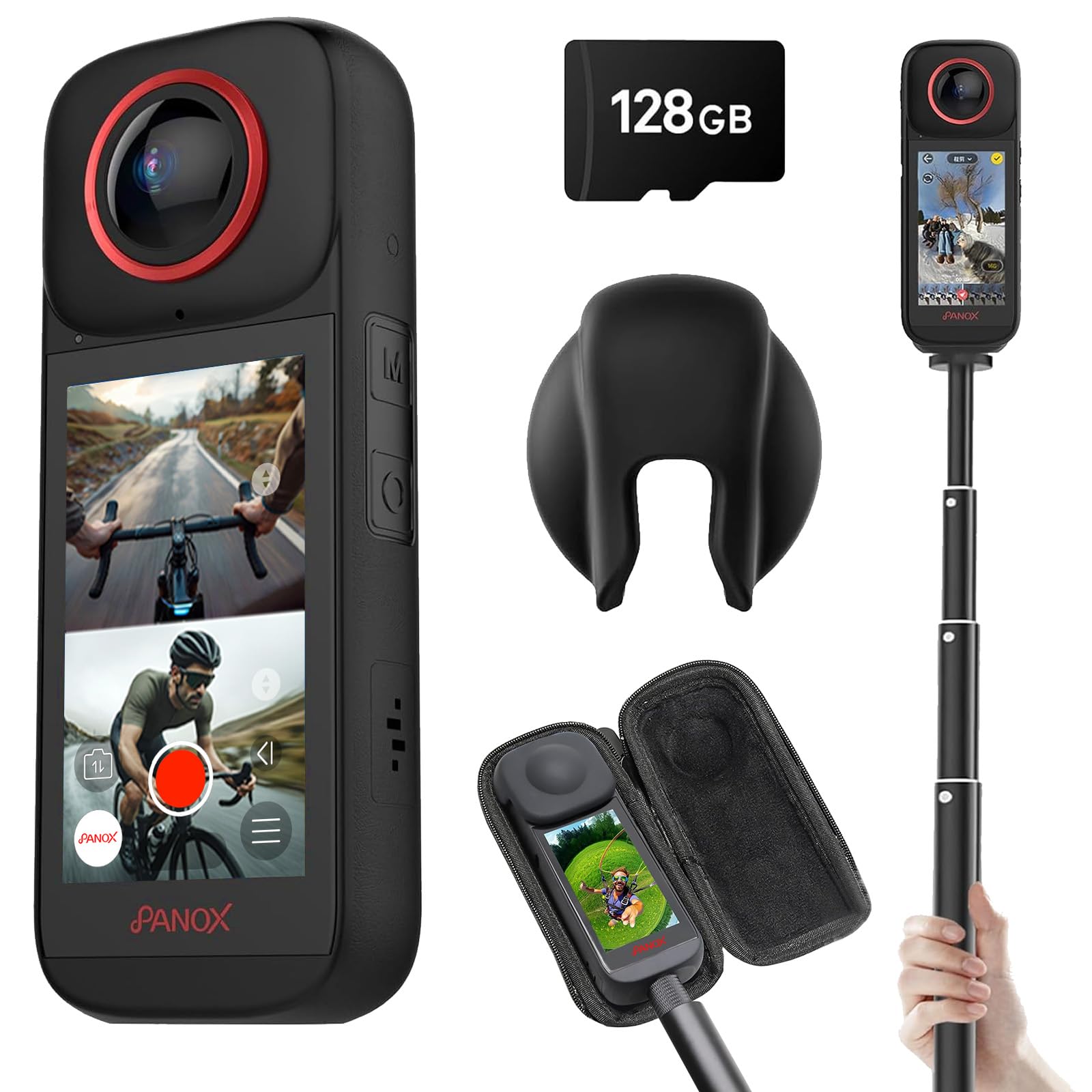 PANOX V3 8k Waterproof 360 WiFi & GPS Action Camera Split-Screen Shooting ＆ in-Camera Editing,3 inch Display,Invisible Selfie Stick,Lens Guards+Protect Case,Micro SD Card for Sports, Travel