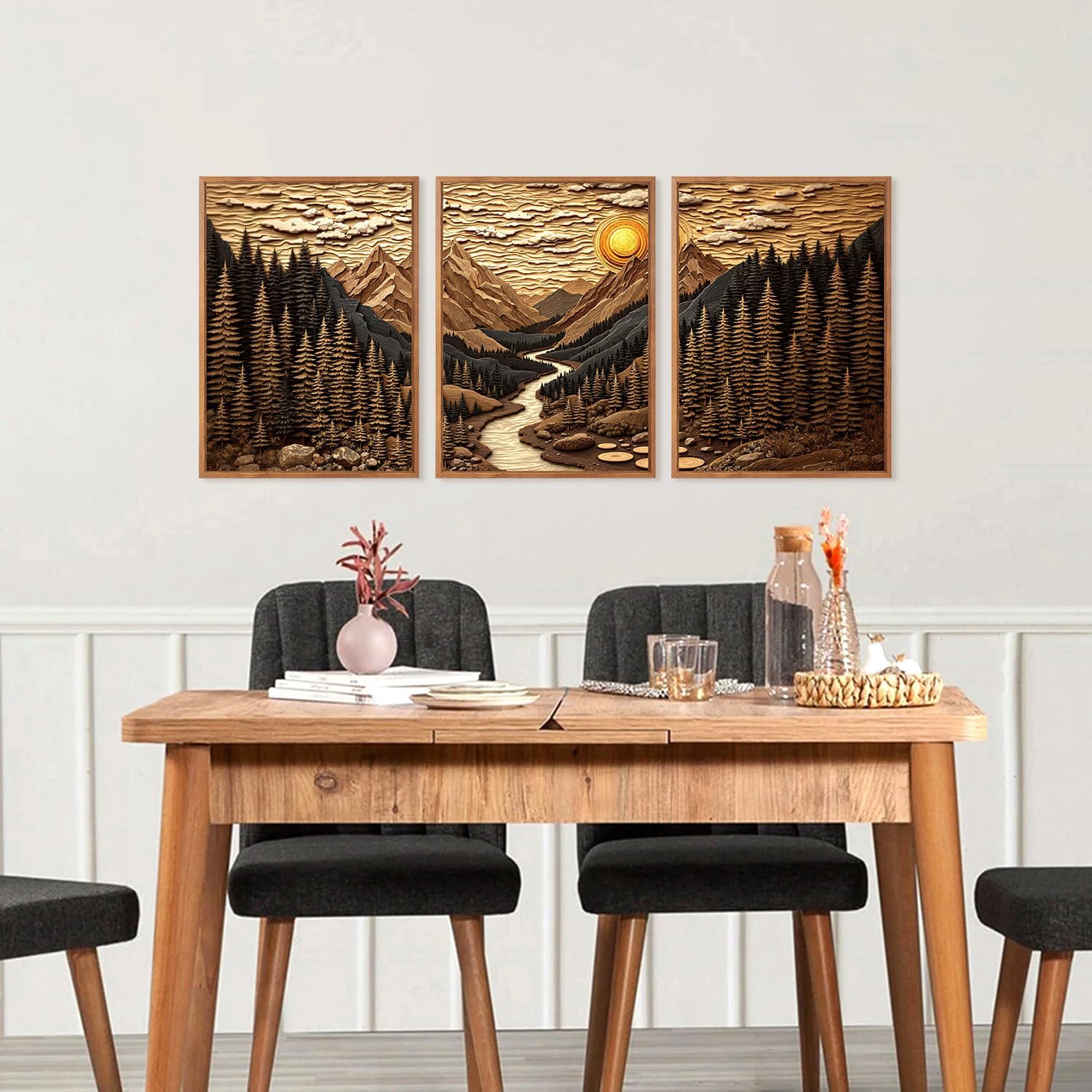 HPINUB Abstract Landscape Mountain Canvas Wall Art Set, Vibrant Sun Forest Pine Tree Wall Decor, Wilderness Nature River Rustic Scenery Art Print for Living Room,Bedroom,Office(Set of 3,12X16 Inch)