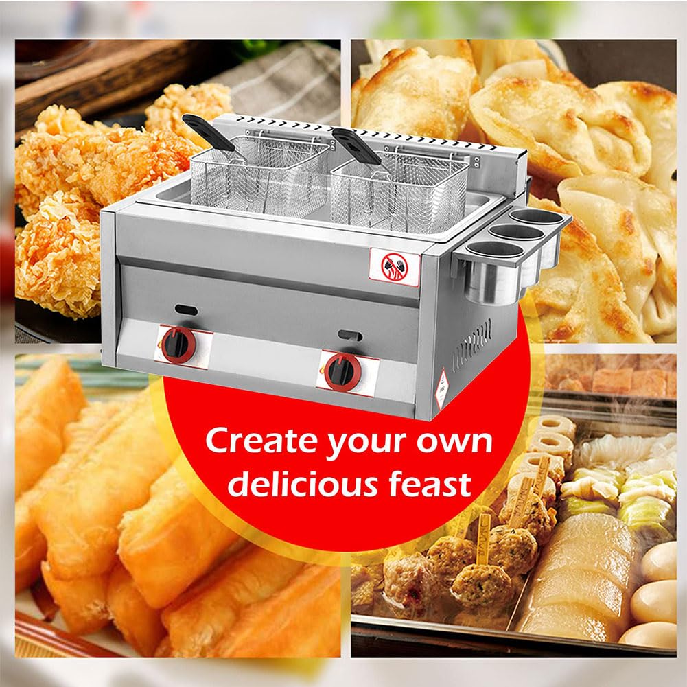 Friggitrice a Gas di Grande Capacità da 16 Litri, Friggitrice a GPL in Acciaio Inossidabile con Cestello e Coperchio, Friggitrice Professionale per Friggere Ristoranti Supermercati Stand Fast Food A