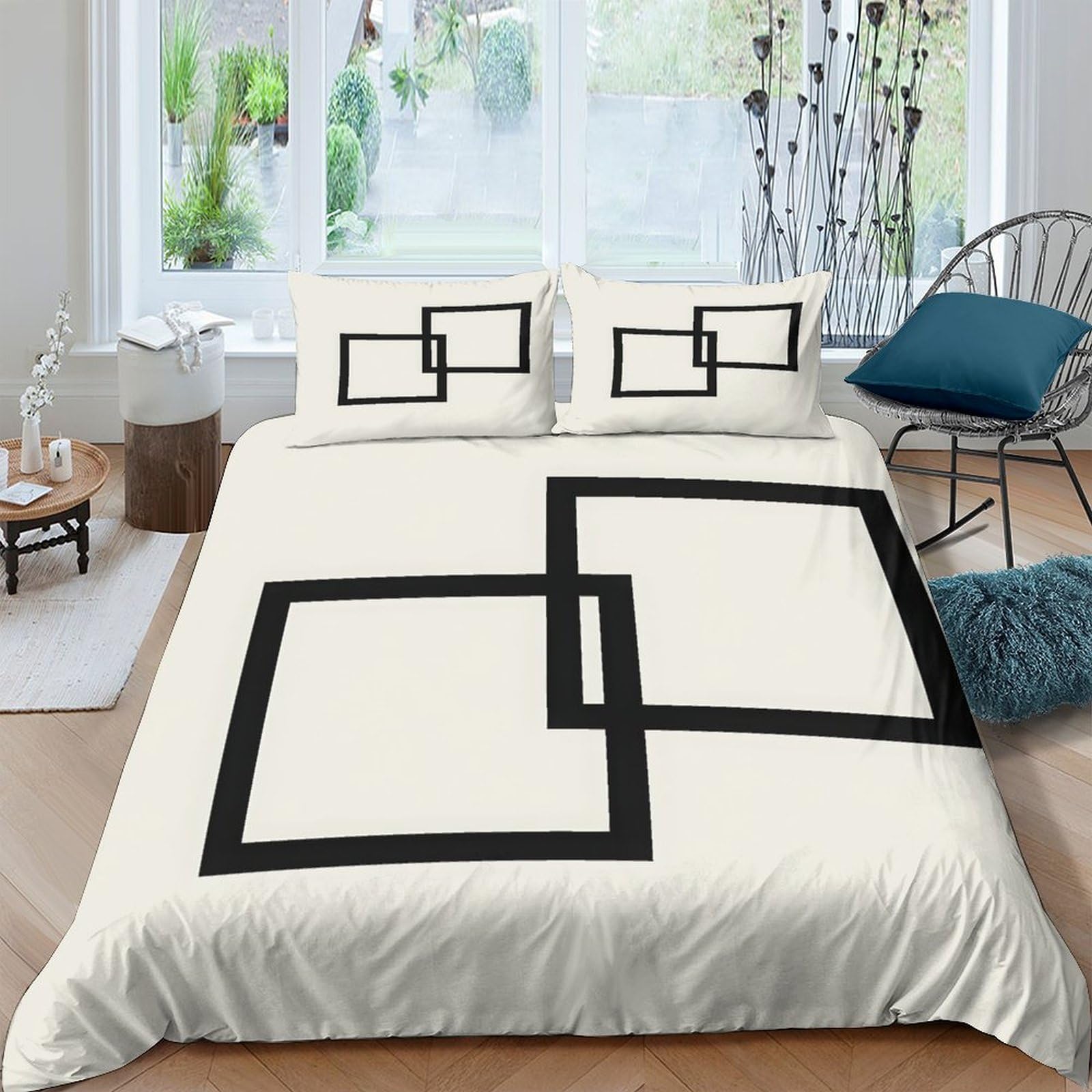 Ctjqhvkz Style-5 3D Printed Geometric Square Pattern Fitted Sheet Microfiber Soft Black White Modern Bed Cover For Bedroom Guestroom Single（135X200cm）