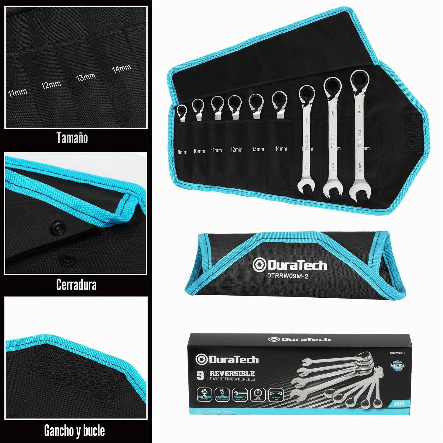 DURATECH Juego de llaves combinadas de trinquete reversibles de 9 piezas, juego de llaves combinadas de cabeza fija con estuche enrollable, 8-19 mm, Cr-V