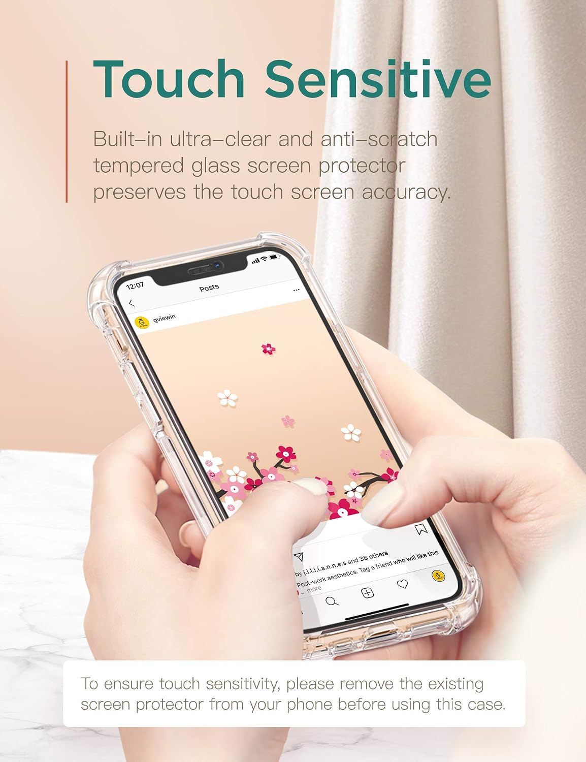 GVIEWIN Floden Series Case Compatible with iPhone 11 Pro Max 6.5 Inch 2019,[Built-in Tempered Glass Screen Protector] Full-Body Clear Floral Rugged Bumper Shockproof Case Cover (Peach Blossom/Pink)