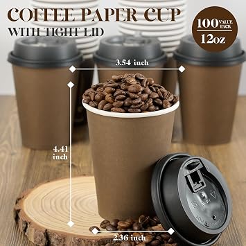 LITOPAK 100 Pack 12 oz Coffee Cups with Lids, Brown Paper Coffee Cups | Set combination, Including cups, lids, suitable for business, offices, schools, stores, home, hot and cold drink