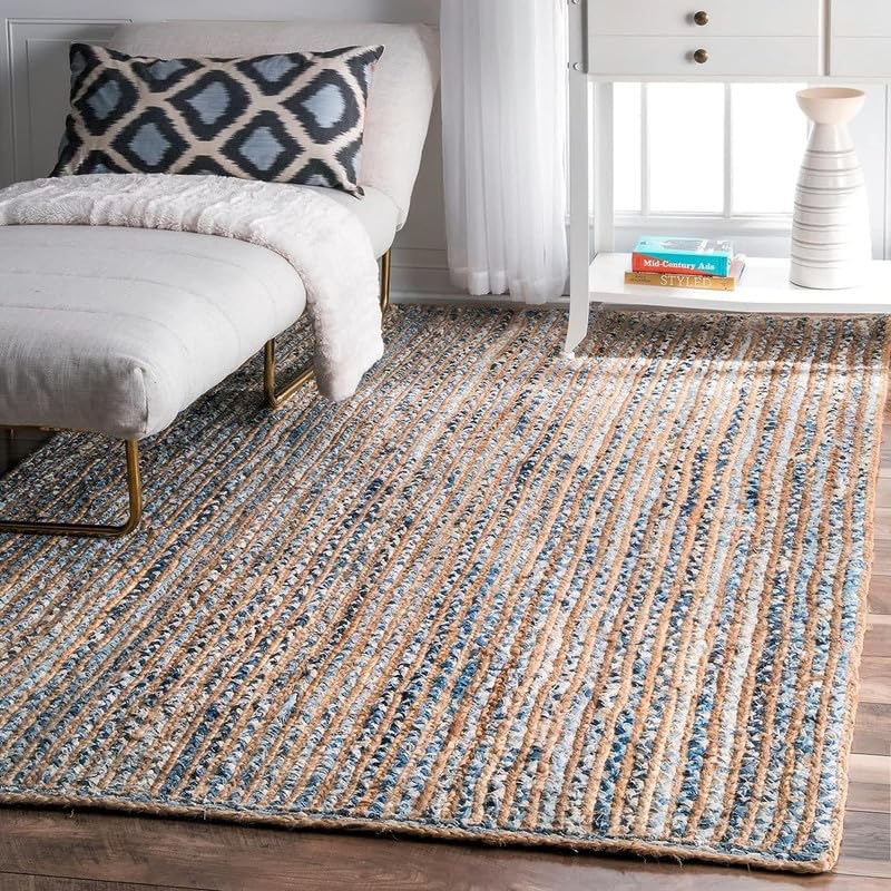 Image of F R Creation Jute Reversible Braided Natural & Handwoven Jute Carpet, Carpet for Living Room Braided Rug, Offices Carpet, Guest Room Size (5X8 Feet Denim)