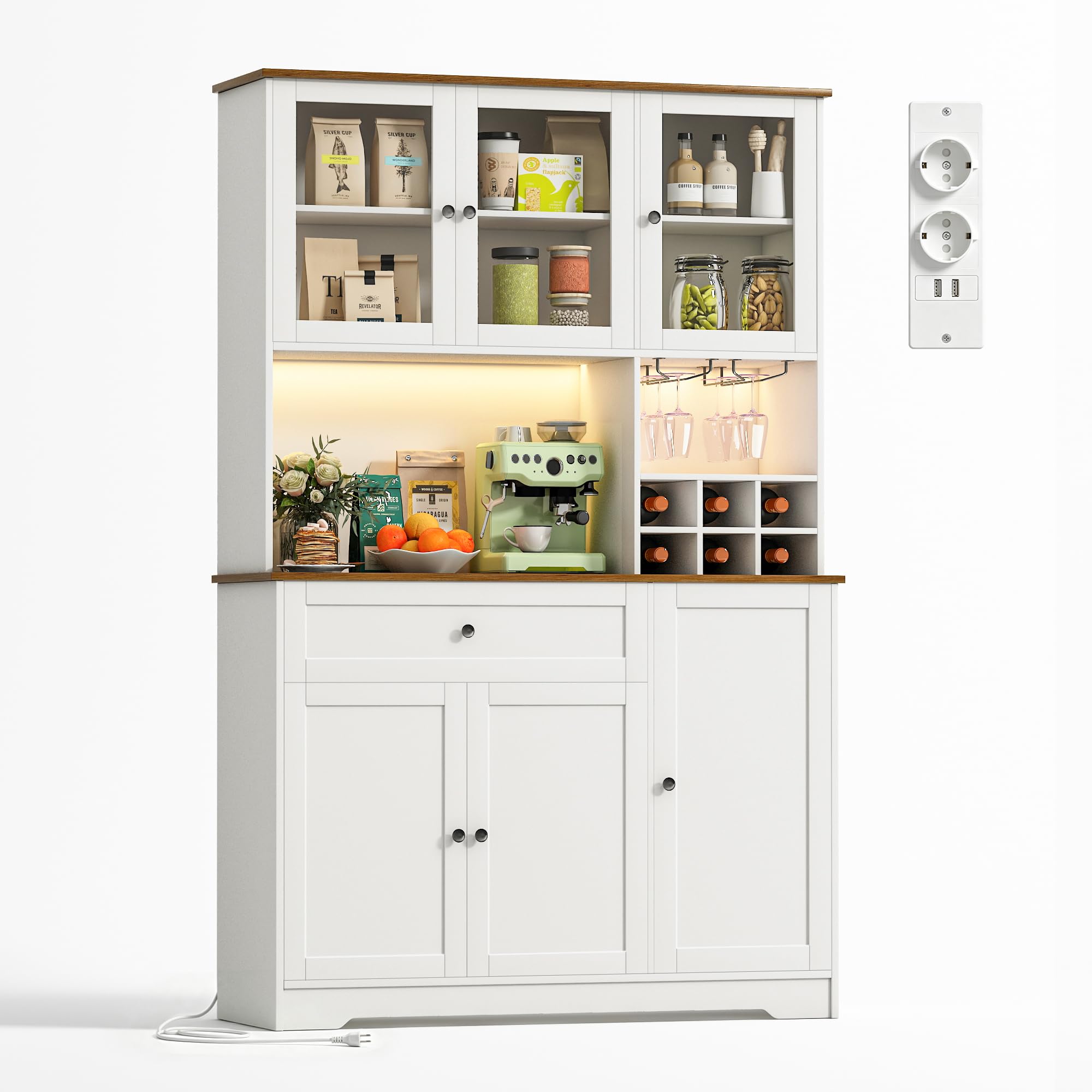 Küchenschrank mit Arbeitsplatte, Buffetschrank mit Weinregal, LED-Licht & Steckdose mit USB, Verstellbare Einlegeböden Anti-Kipp Vorrichtung, Sideboard Küche für Wohnzimmer Esszimmer (Weiß)