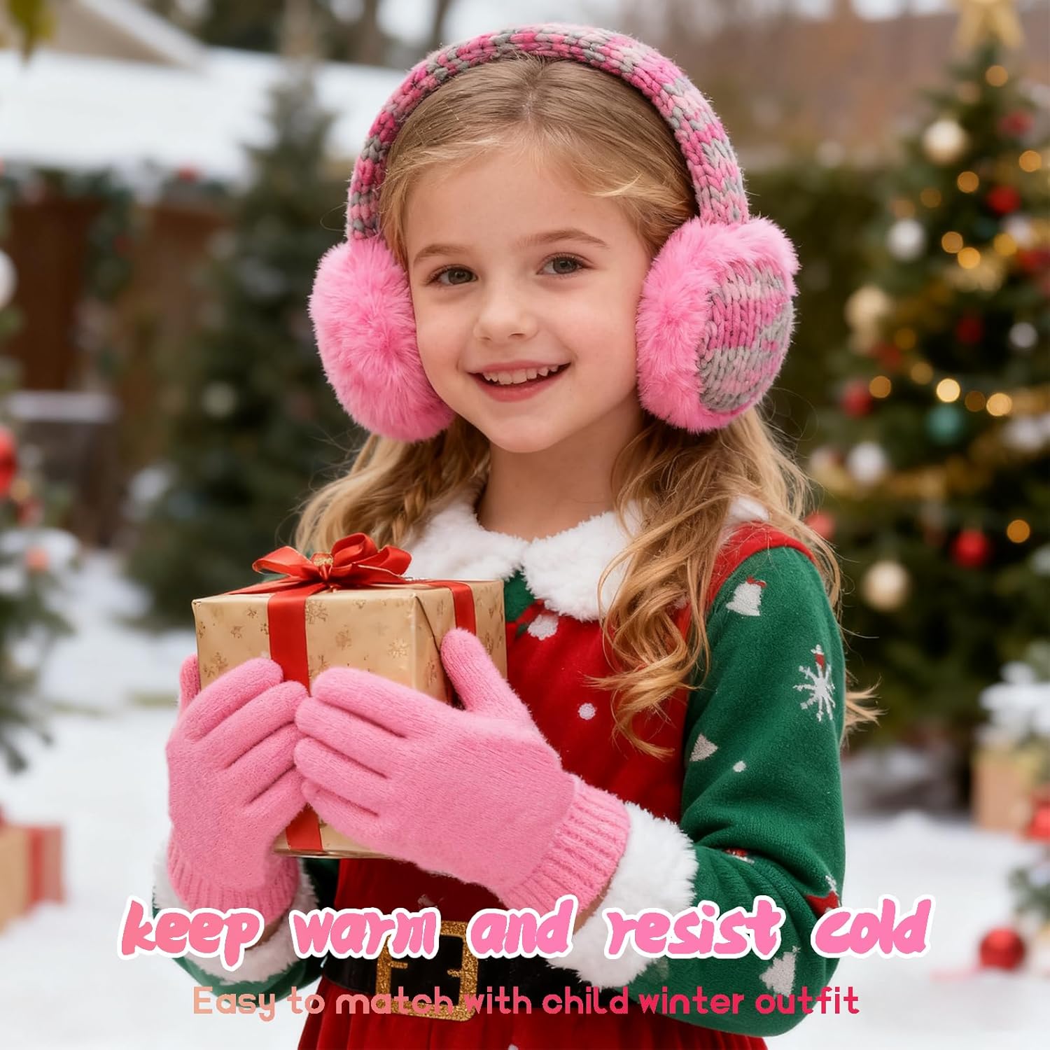 Knit Ear muffs Gloves Set for Kids Adjustable Winter Warm Furry Cat Ear Warmers for Girls Boys Outdoor - Image 7
