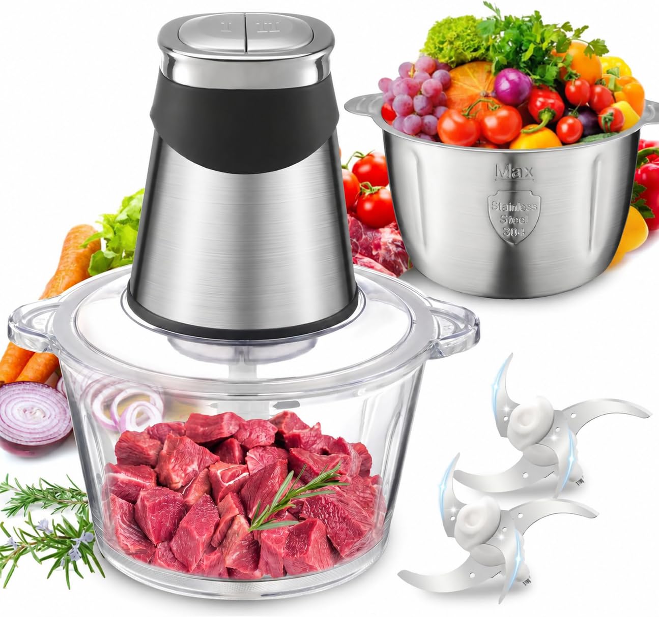 Mini Food Chopper, 500W Food Processor with 1.8L Steel and 2L Glass Bowls