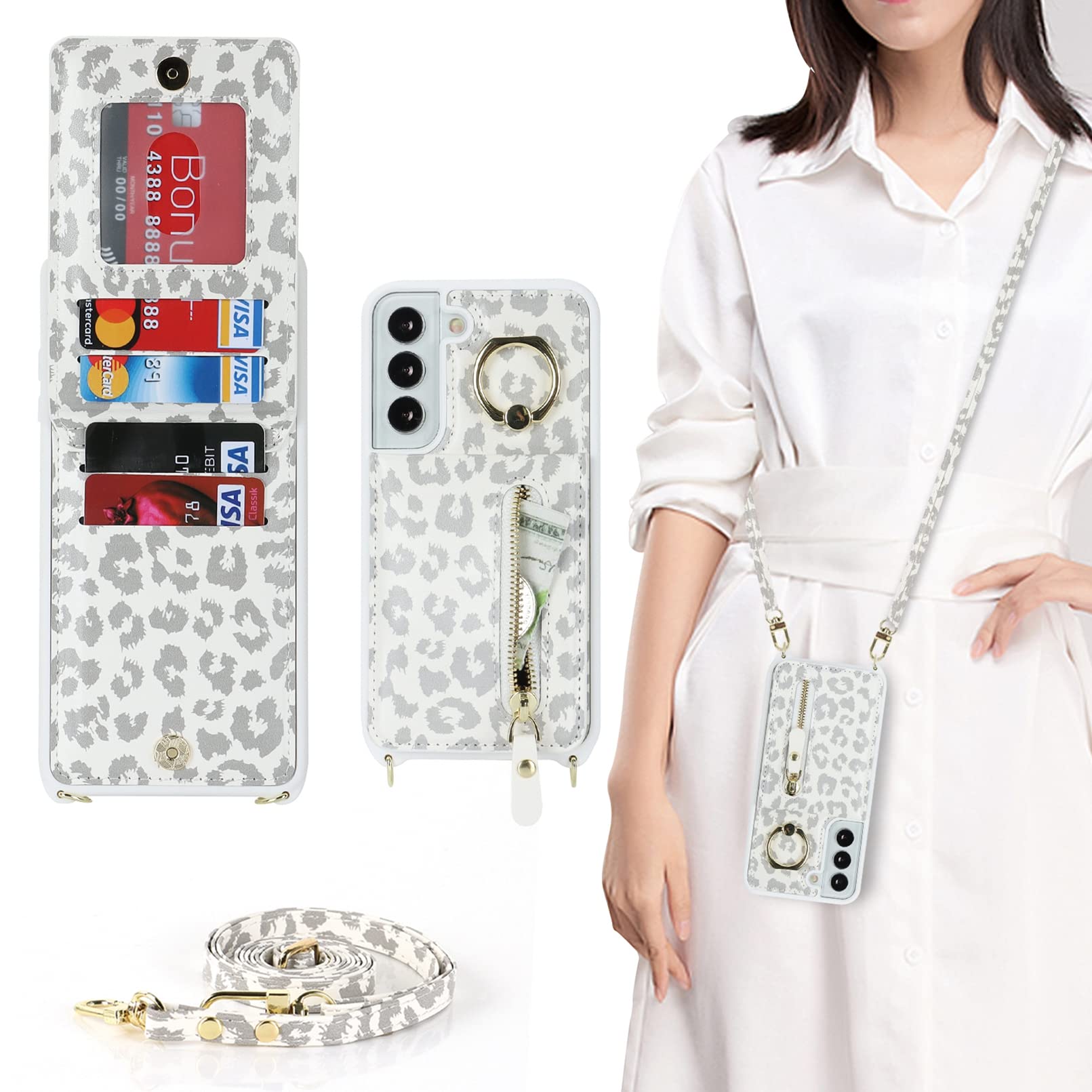 Jaorty for Samsung Galaxy S21 FE 5G Phone Case for Women with Card Holder,for Samsung S21 FE Case Wallet Crossbody Lanyard with Strap,Ring Holder Kickstand Case,6.4 Inch,White Leopard