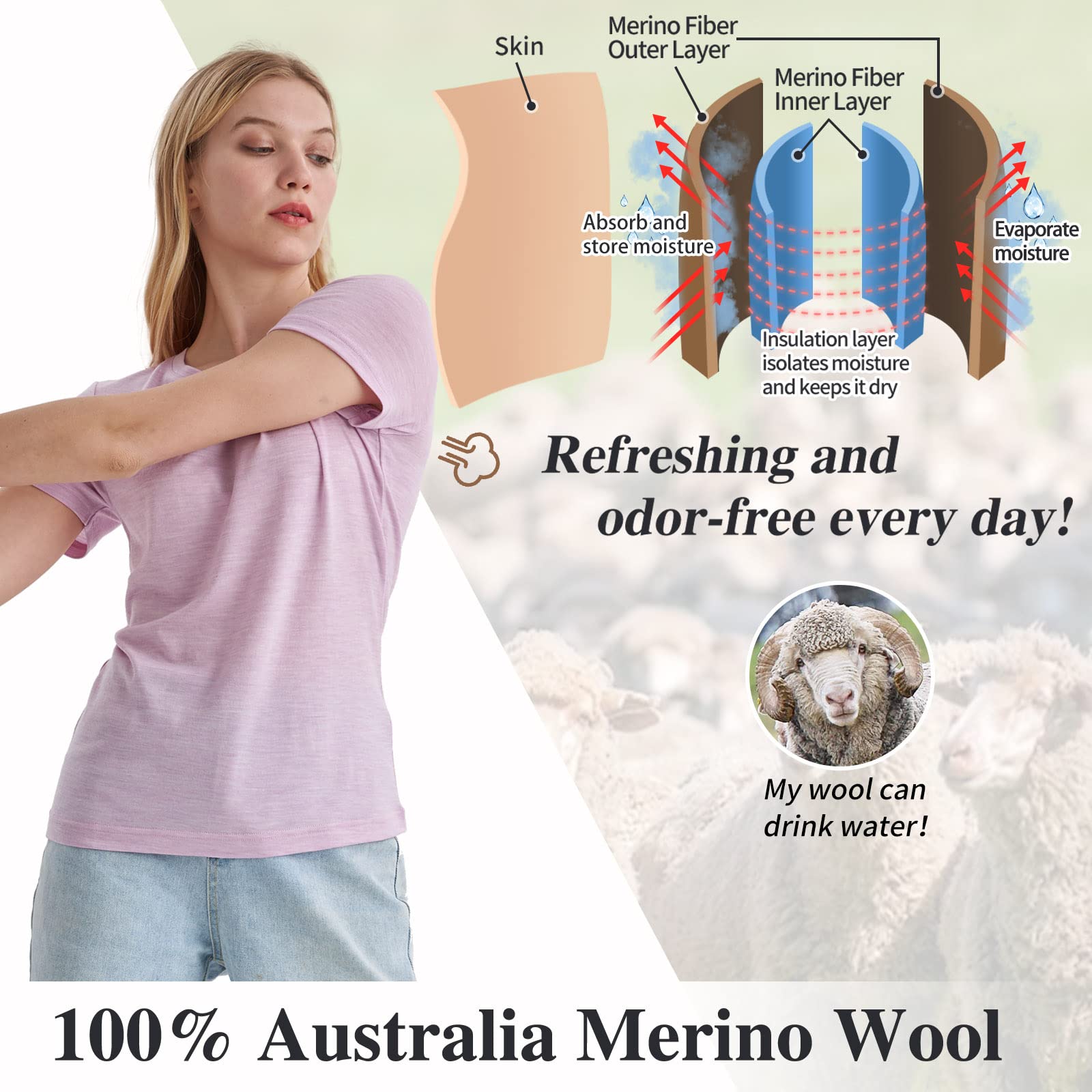 Merino Protect 100% Laine Merinos T-Shirts Femme Col Rond Manches Courtes sous Vetement Résistance Odeur Couche Base pour Voyage Randonnée Tshirt