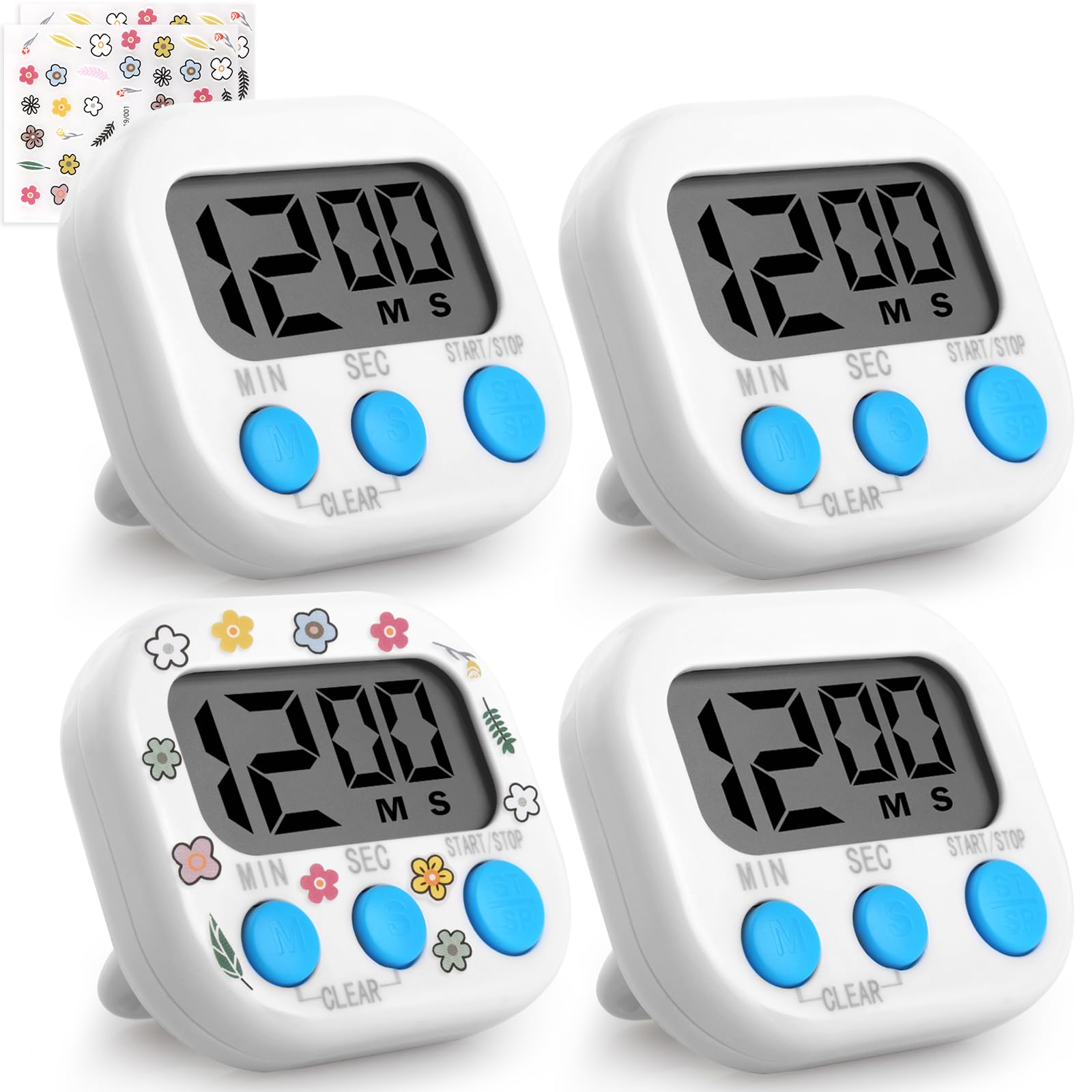 GeeRic Kitchen Timers 4 Pack, Electronic Timers with Loud Alarm for Cooking, Magnetic Digital Timers Big LCD Display Multicolor (No Battery Included)