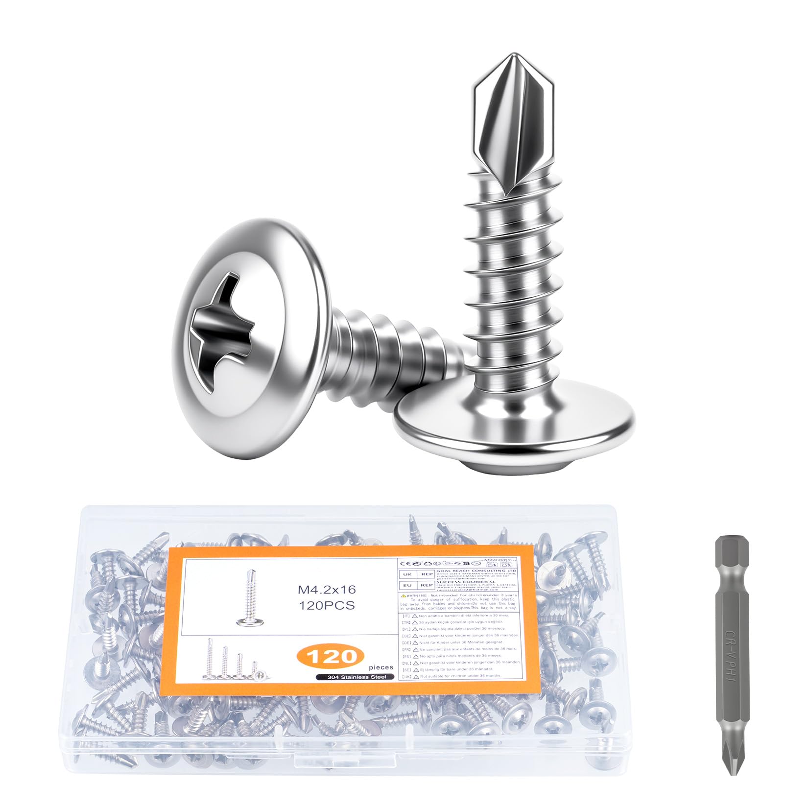 120 Pcs Wafer Head Self Tapping Screws Metal, M4.2x13mm Self Drilling Wafer Head Screws, Sheet Metal Screws410 Stainless Steel Modified Truss Tek Screw Set for MetalWork (120, Silver, M4.2 x 16)