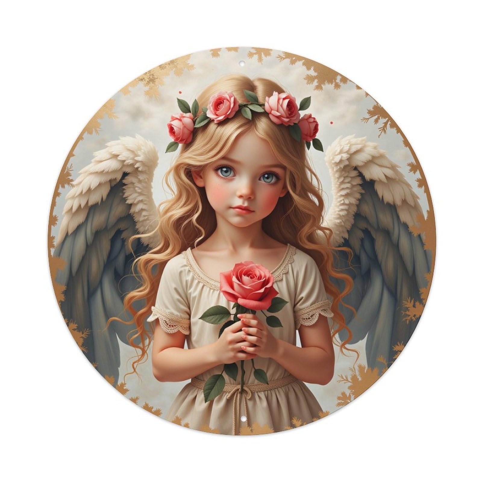 Angel Girl With Rose And Wings Round Tin Sign Vintage Metal Poster, Home Bar Garage Man Cave Cafe Indoor & Outdoor Wall Decoration 8x8Inches