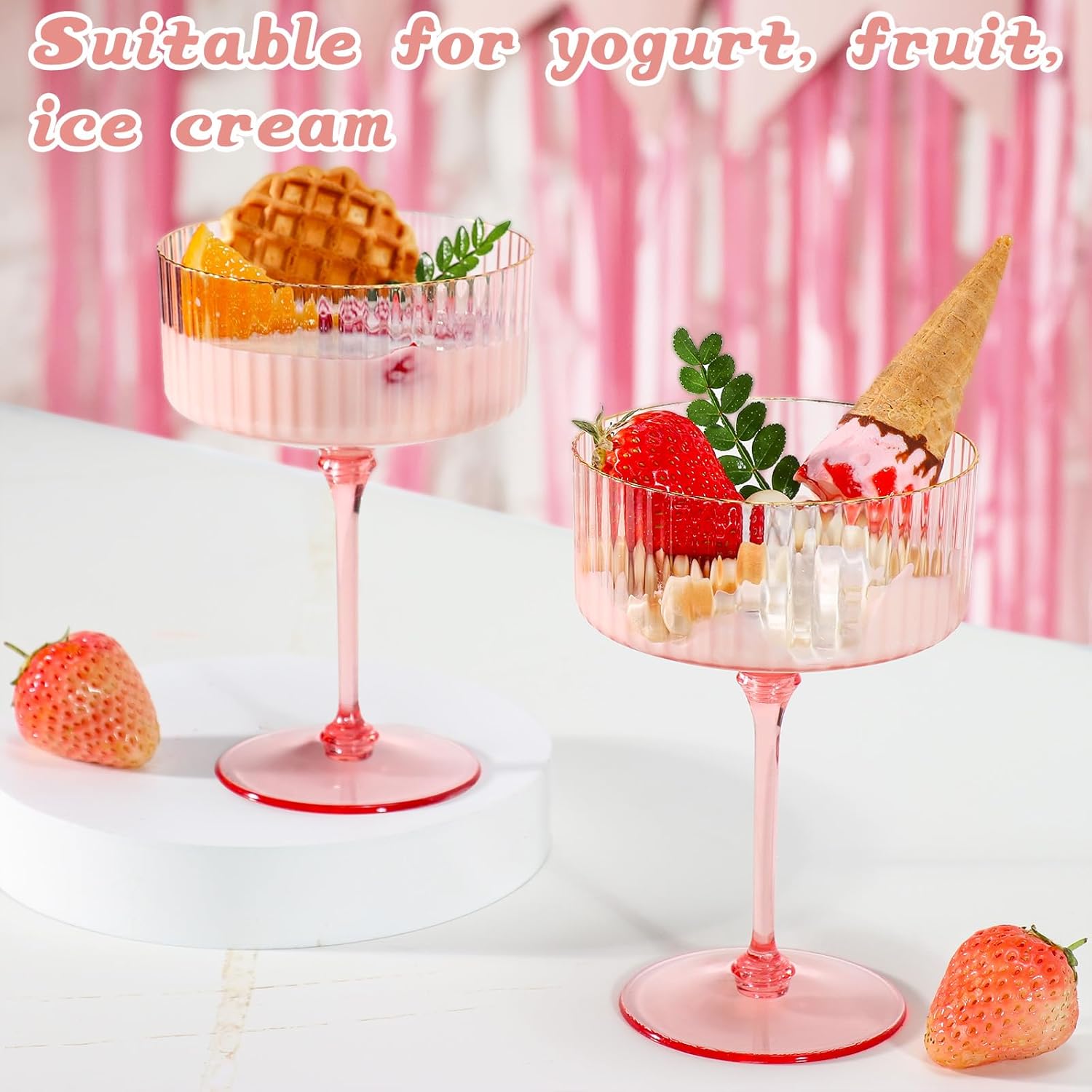 XUWAIDSGN 24 Pcs Champagne Martini Glasses 9 Oz with Gilded Removable Gold Rim Coupe Glasses Pink Martini Glasses Plastic Mimosa Vintage Coupe Glasses Set For Wedding Anniversary (24, Ribbed Pink)