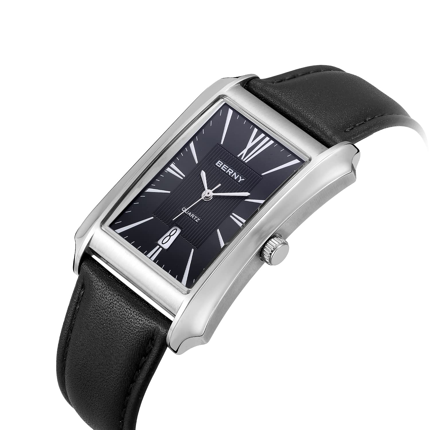 BERNY Orologi da uomo casual al quarzo cassa in acciaio inossidabile con cinturino in pelle rettangolare orologi da uomo (nero, bianco, grigio, oro rosa)