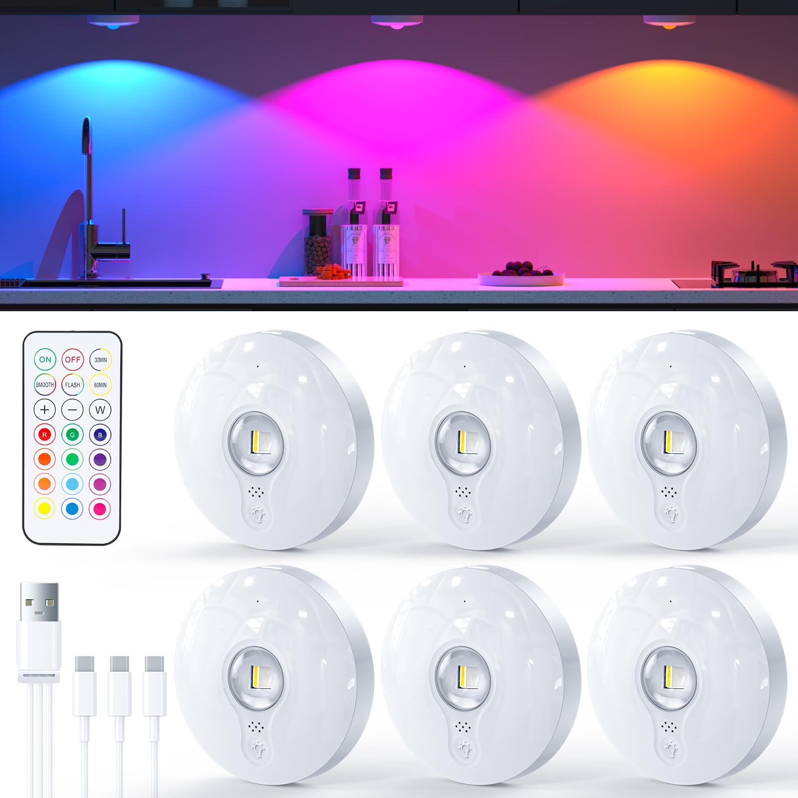 Luces LED Vitrina Recargables con Control Remoto,Luz LED Armario Recargable,Foco led Inalámbricas, Respetuoso con el Medio Ambiente, Luz Nocturna con Función de Temporización Aufladbar USB