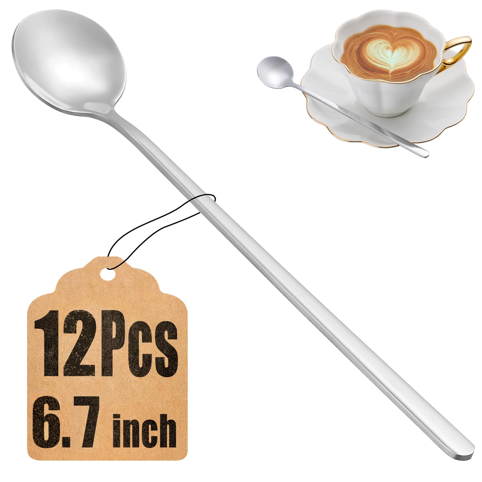 12 Pcs Teaspoons Set, 6.7 Inch Tea Spoons Long Handle, Small Teaspoons, Food Grade Stainless Steel Spoons, Long Spoon for Stirring, Metal Espresso Spoon, Coffee Bar Accessories