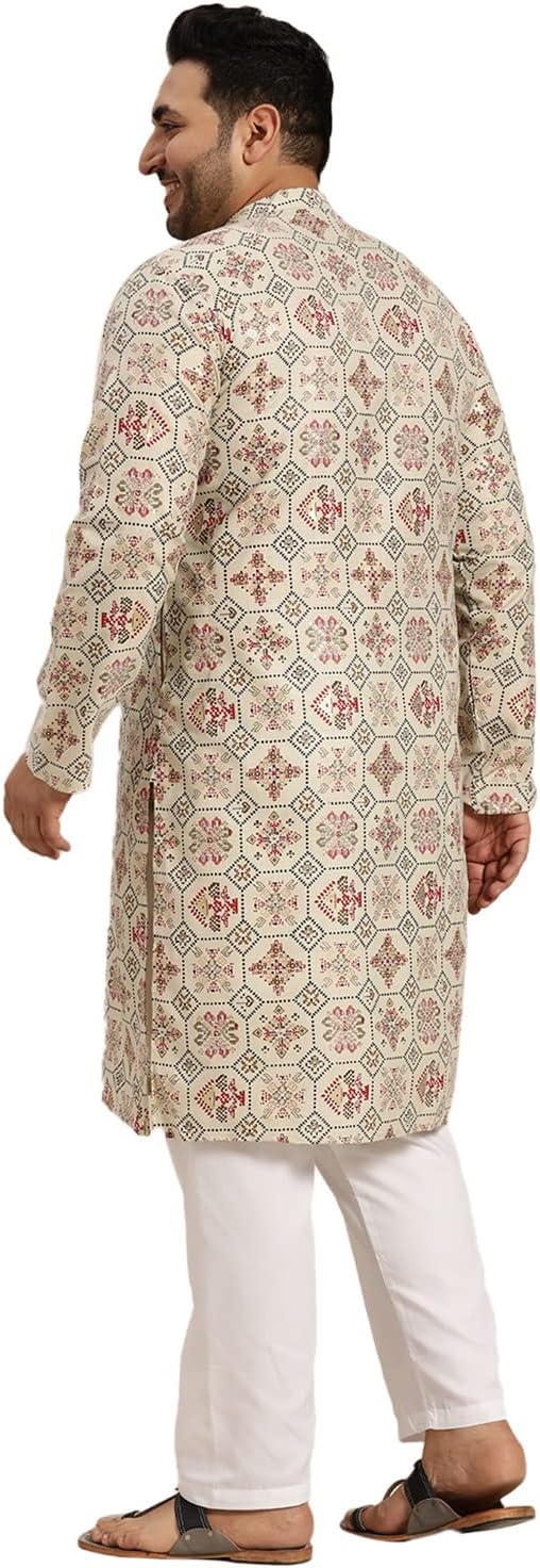 Sojanya Plus (Since1958) Men's Cotton Linen Yellow and Multi Printed Kurta and White Pyjama Set