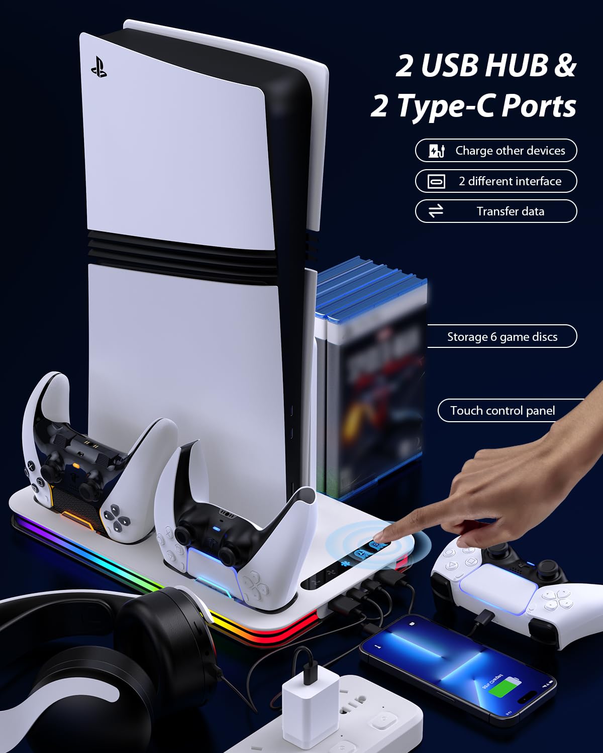 Soporte para PS5/PS5 Slim/PS5 Pro con Ventilador de 3 Velocidades, PS5 Soporte Vertical con 8 Luces RGB y Estación de Carga de Dual Dontrolador 4 Puertos Ranuras de 6 Juegos, Accesorios para P5