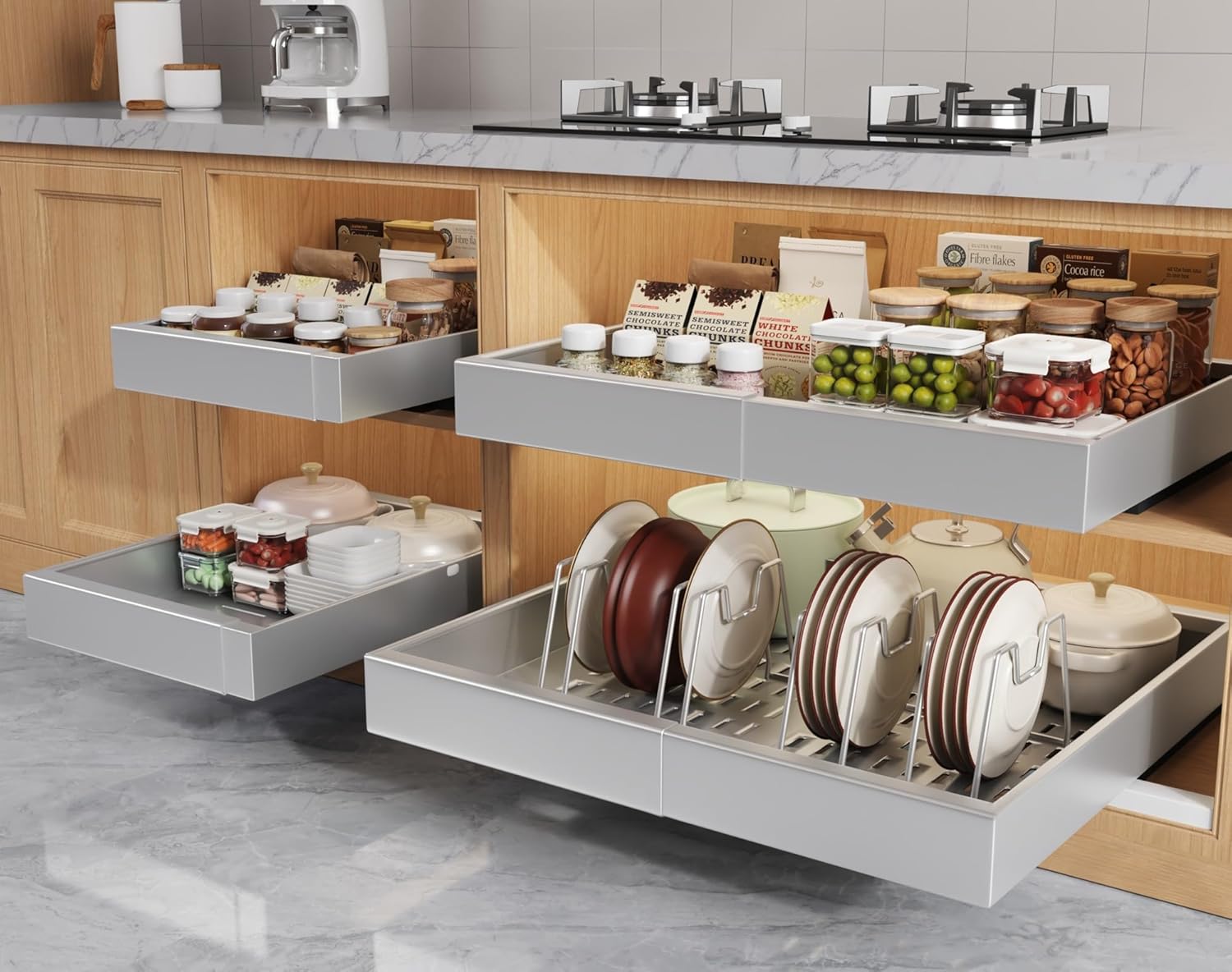 4 Pack Pull Out Cabinet Organizers 21" Deep With Raising Pad for Framed Cabinets, Expandable Slide Out Drawers with 4pcs Divider Racks, Roll Out Shelves, Adjustable Width 12"-20.45" Silver Silver 12"-20.45"Wide x 21"Deep(4 Pack)