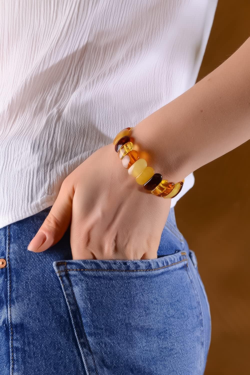 Amber Stretch Bracelet for Women – 7” - Unique Stone Cut Bracelet Amber Stone Jewelry for Adults