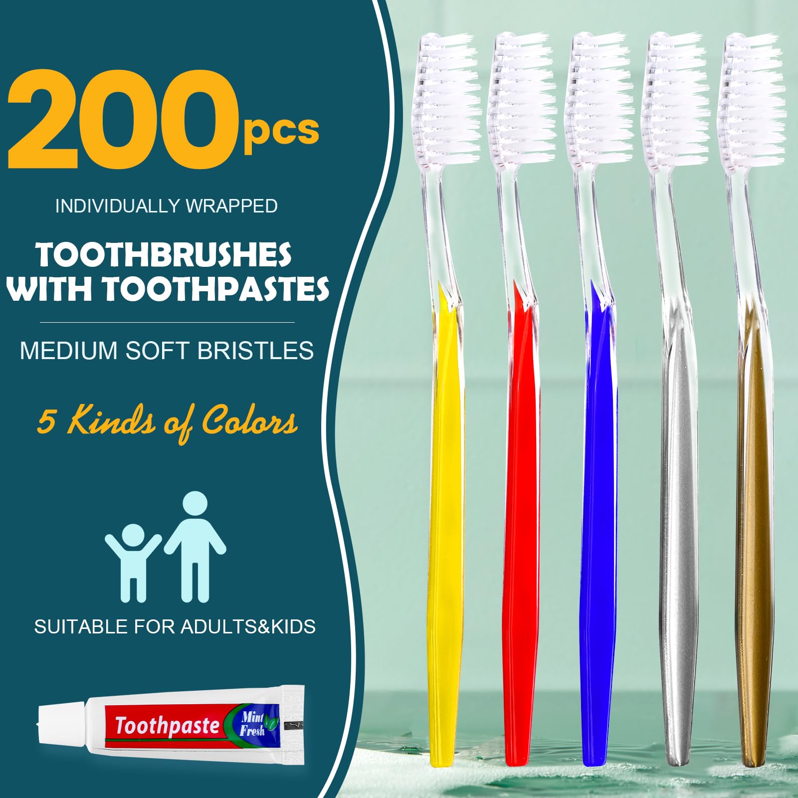 200 spazzolini da denti confezionati singolarmente con dentifricio, spazzolini manuali colorati usa e getta per adulti o bambini, manico ergonomico, setole morbide medie, perfetti per viaggi, hotel,