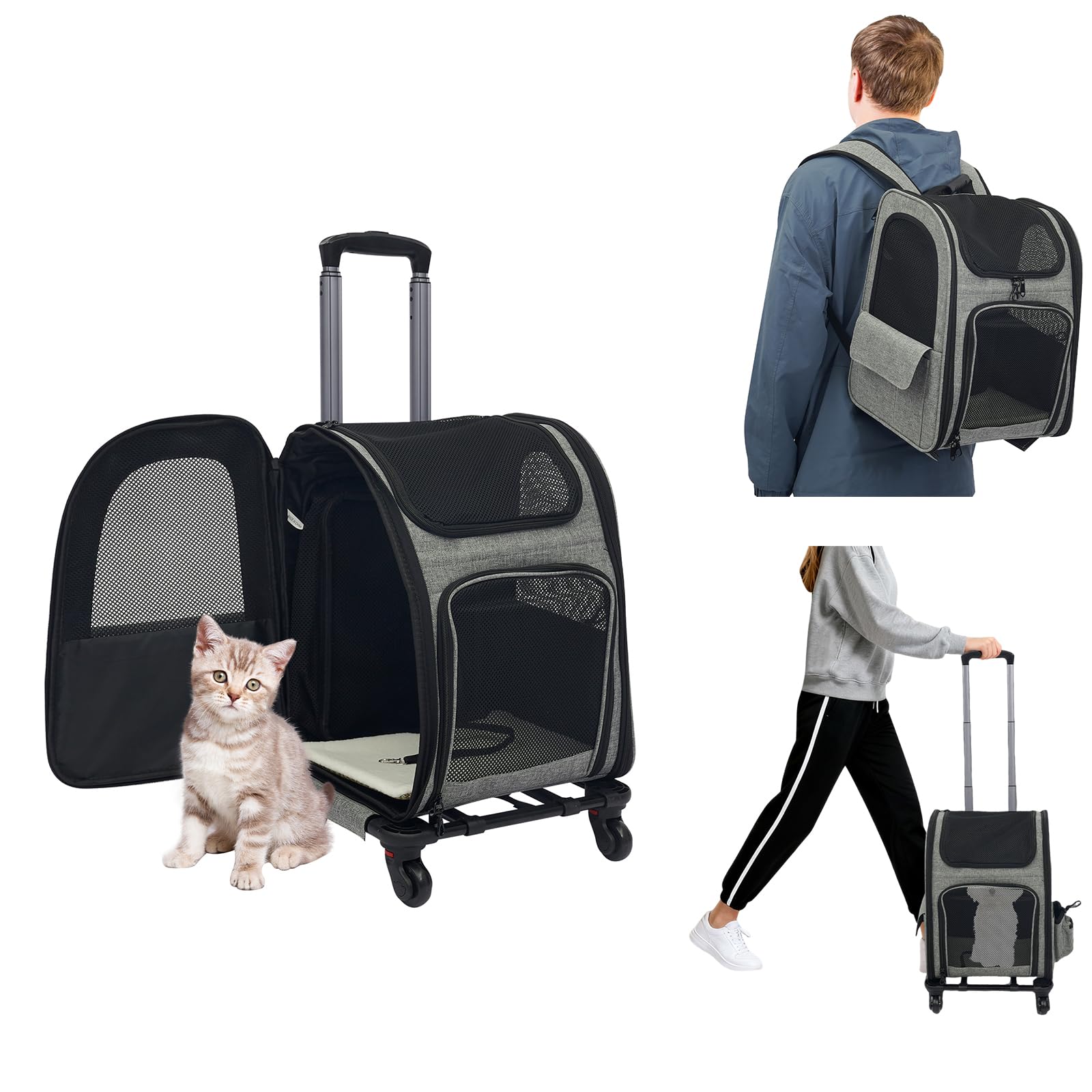 Transportbox Katze mit Rollen, Hundetransportbox,Katzenrucksack mit Trolley, 2 in 1 Transportboxen für große Katze und kleine Hunde mit atmungsaktivem Mesh,Haustier Rucksack bis 15 kg (Grau)
