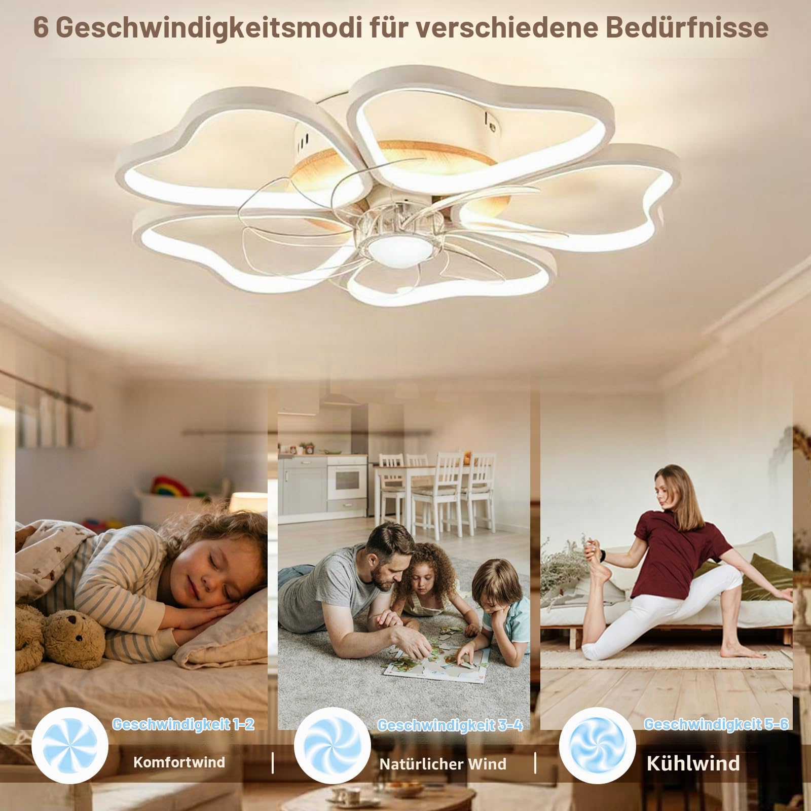 Ventilator Deckenleuchte, 6 Geschwindigkeiten LED Deckenventilator mit Beleuchtung, 3000K-6000K 48W Dimmbare LED Deckenventilator mit Licht für Wohnzimmer Schlafzimmer Büro, Timer, Leise, 50cm