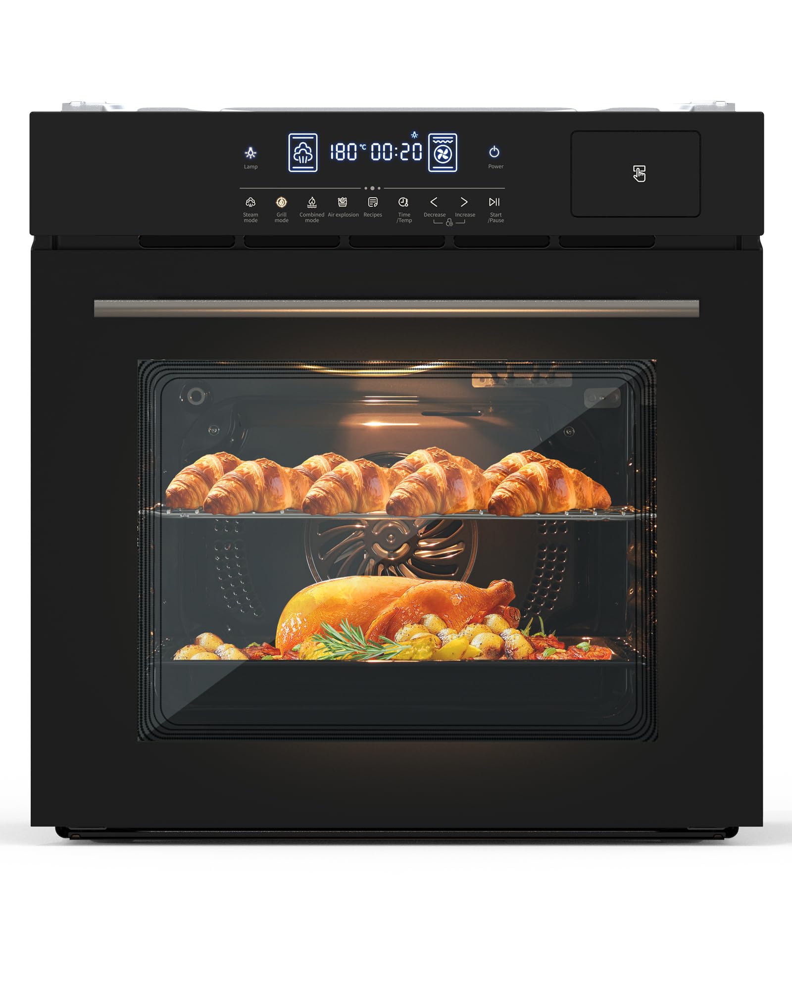 24" Built-in Single Wall Oven, 2.5 Cu.Ft (70L) Capacity - Electric Oven with Steam Bake, Air Fry &amp; 3D Convection, Touch Controls, Timer, Safety Lock, Triple-Layer Glass Door, 3000W 240V, Black