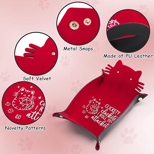 Miniatura 3 de Bandeja de dados de piel sintética para gatos rojos, soporte portátil para dados de gato, organizador de escritorio para gatos, regalo divertido