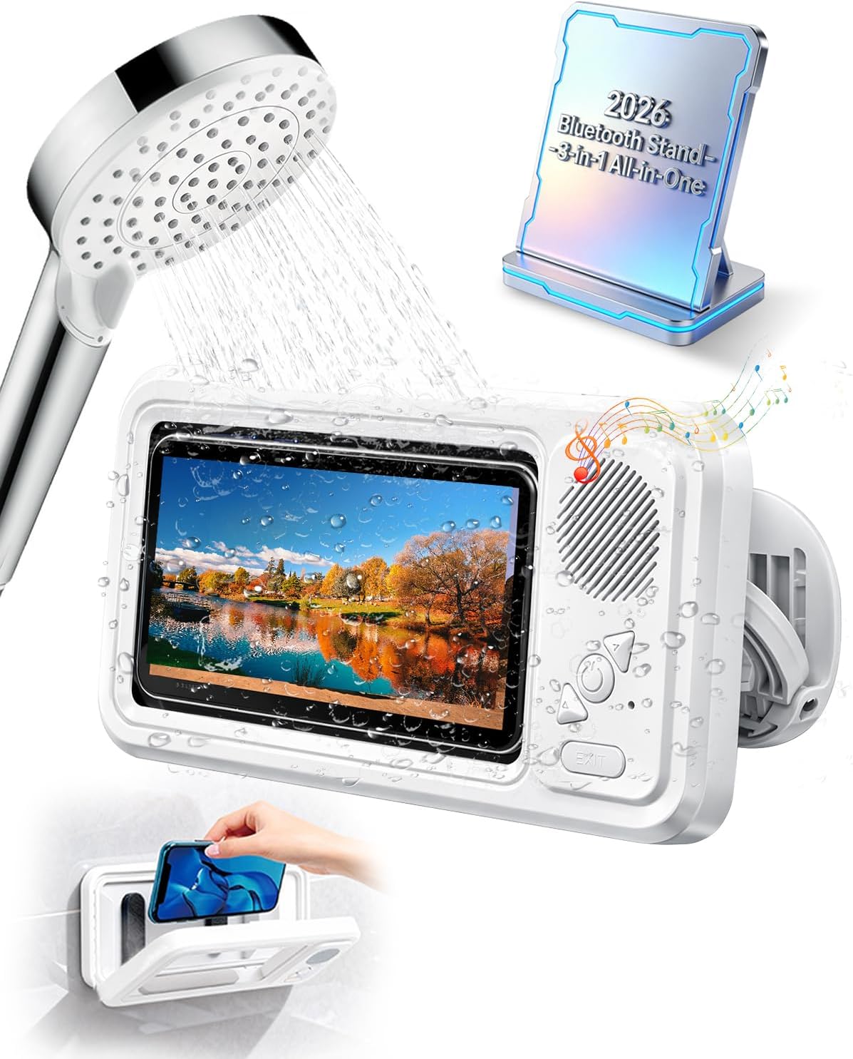 in Shower Phone Holder Waterproof Bathroom Phone Case for Shower Speaker Landline Vintage with Speakers Buddy Under Water Proof Play Soeaker Suction Cup Mount Wall with Lights Mobile Scroller