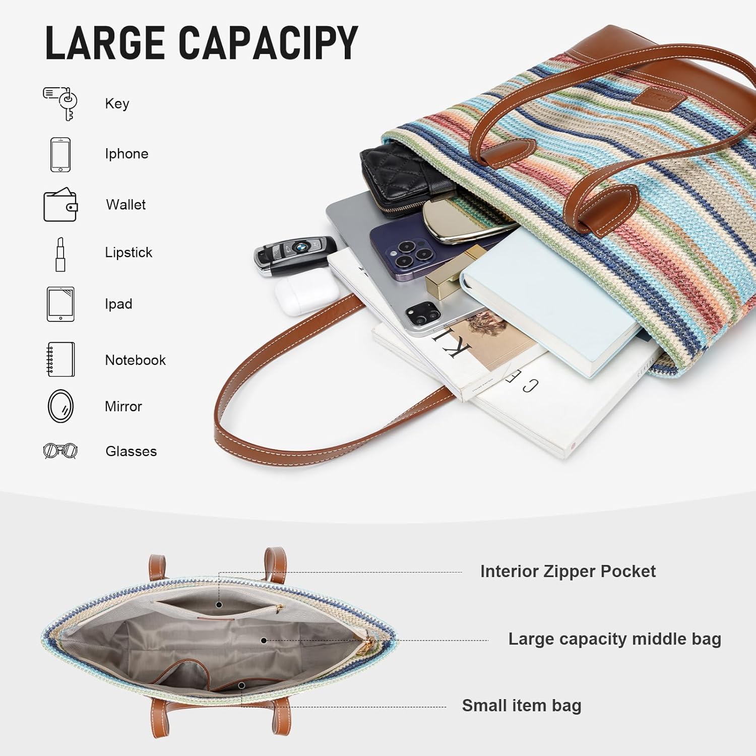 HKCLUF Tote Bag for Women,Woven Shoulder Bag for Woman Vegan Leather Hobo Purse Satchel Handbags With Zipper Pockets - Image 3