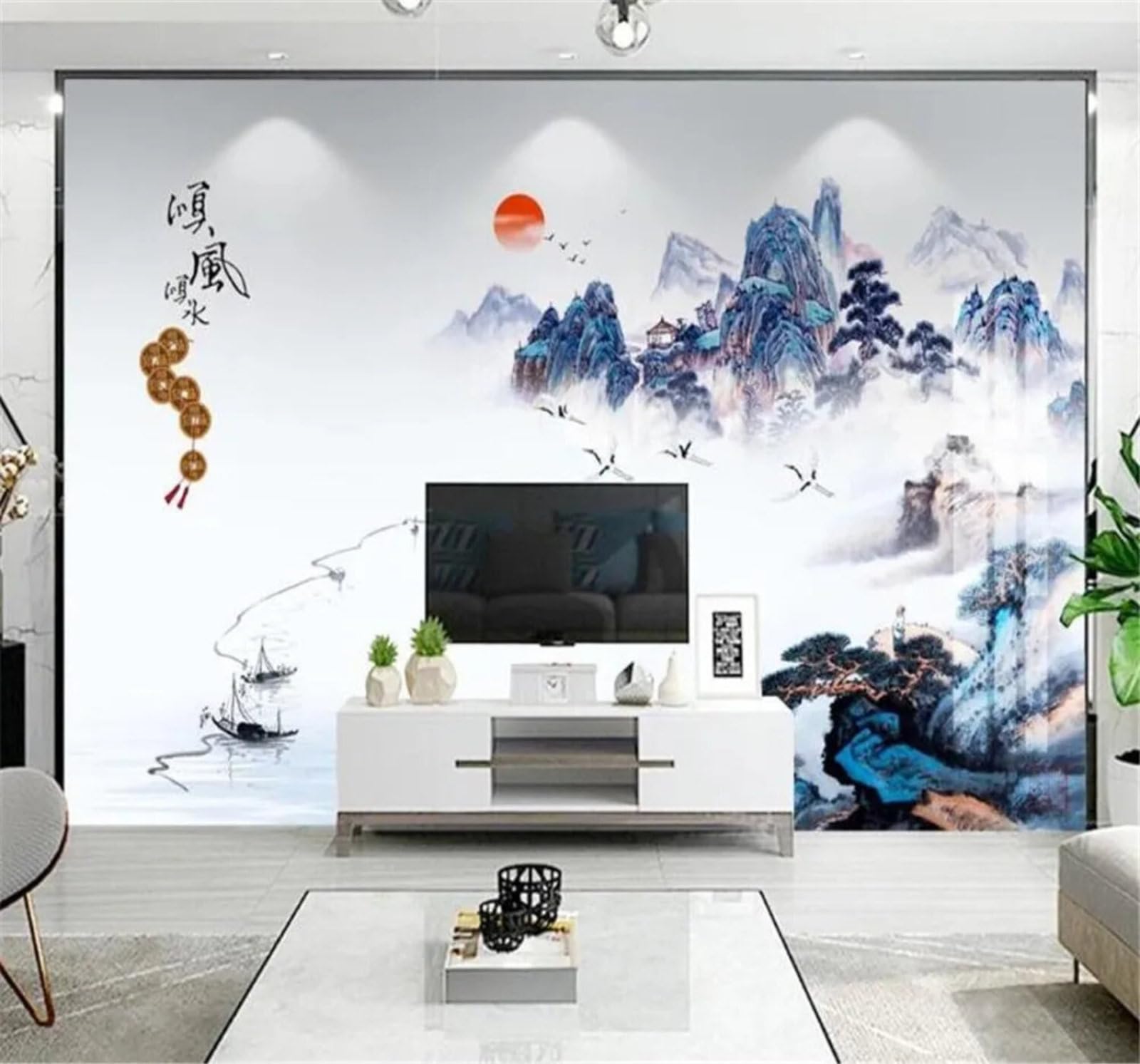 Tzxztt Hand Drawn Ink Wash Landscape Sunrise Scenery Modern 3D Wallpaper Premium Textured Silk Neutral Tones Material Ideal for Living Room Bedroom-200cm×140cm