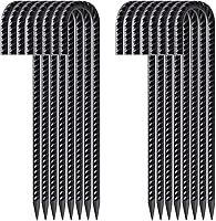 FEEDGARDEN 12 Inch Heavy Duty J-Hook Rebar Stakes, 16 Pack Galvanized Steel Ground Anchors for Tents, Fences, Trampolines, Black