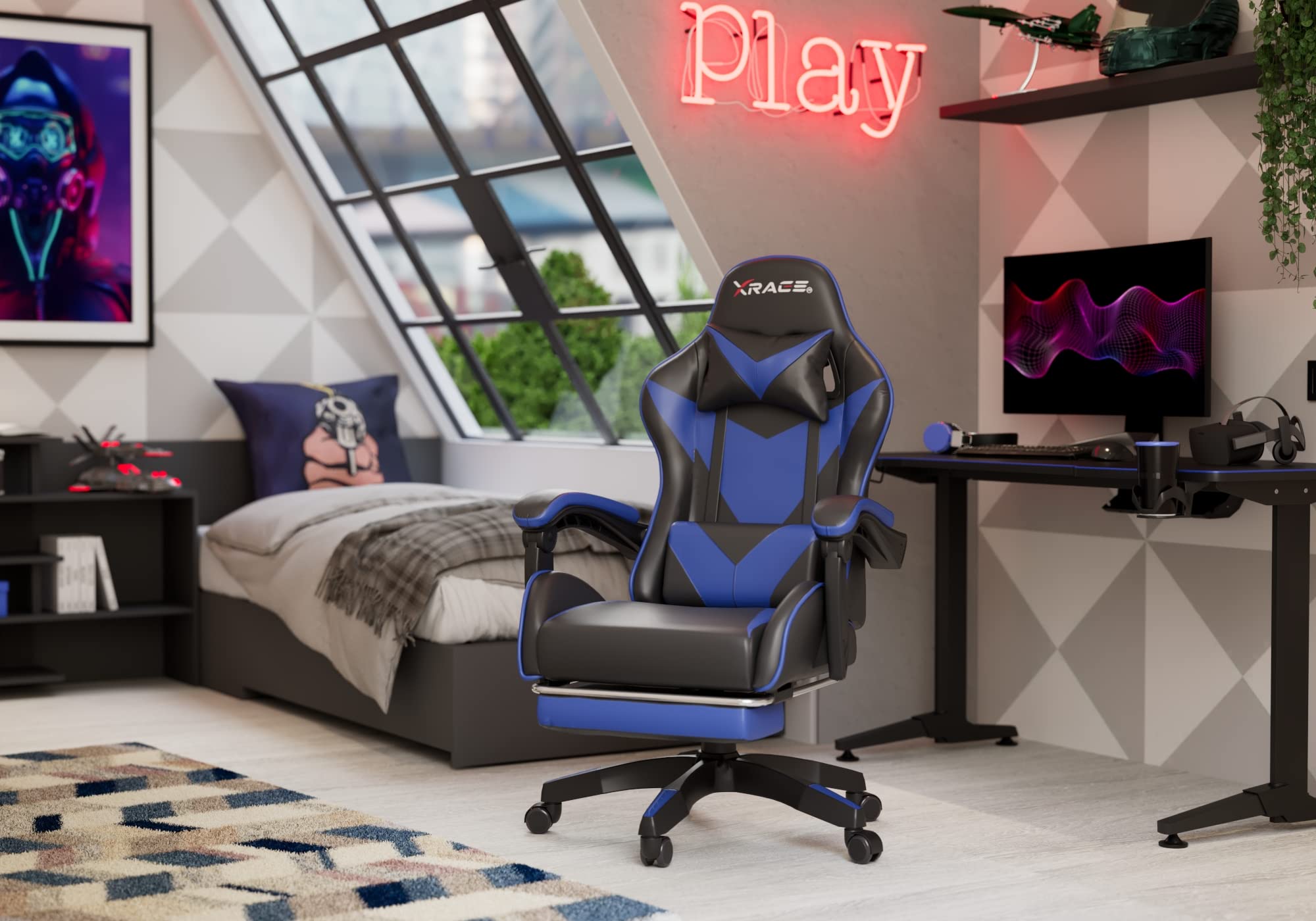 xRace Gaming Stuhl, Bürostuhl, Ergonomischer Pc Stuhl, Gaming Sessel aus Leder mit Lendenwirbelstütze, Verstellbarer Drehbarer, Task Stühle mit Fußstütze und Kopfstütze, Blau