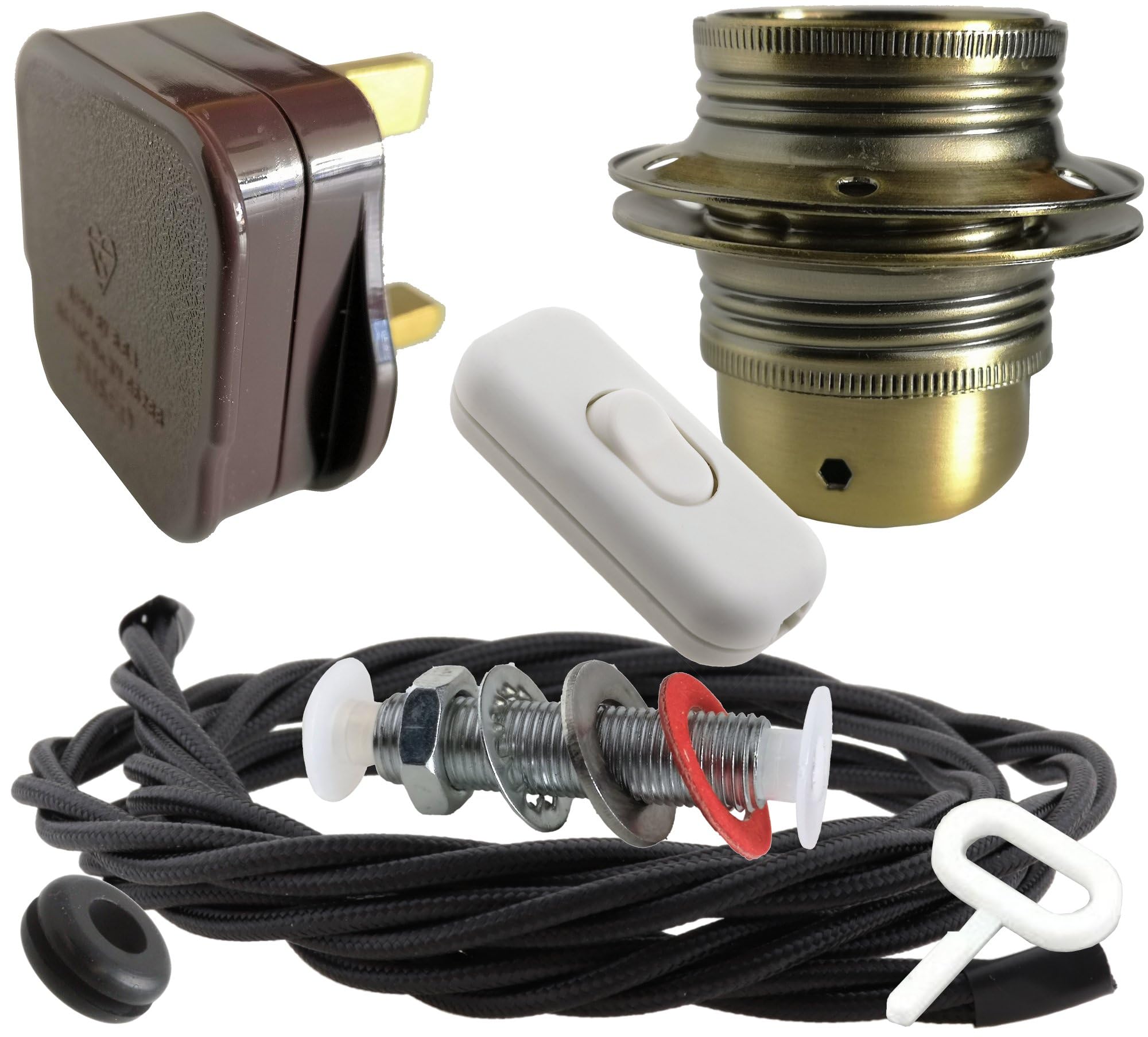 Art Deco Emporium Lamp Repair and Service Kit|Brown Plug|Black Flex|White Switch|E27 Antique Brass Finish Lamp Holder Holder — image 1