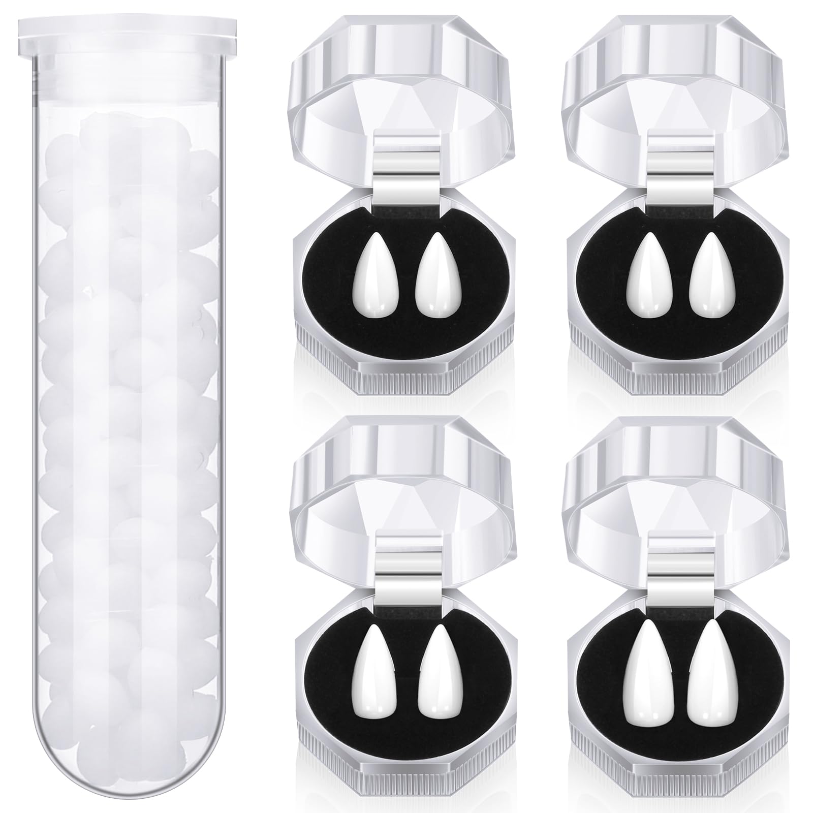 Zhanmai 4 Pairs Vampire Fangs Fake with Adhesive Halloween Cosplay Props White Horror False Teeth Props Party Favors Accessories Gift(15 mm, 17 mm, 19 mm)