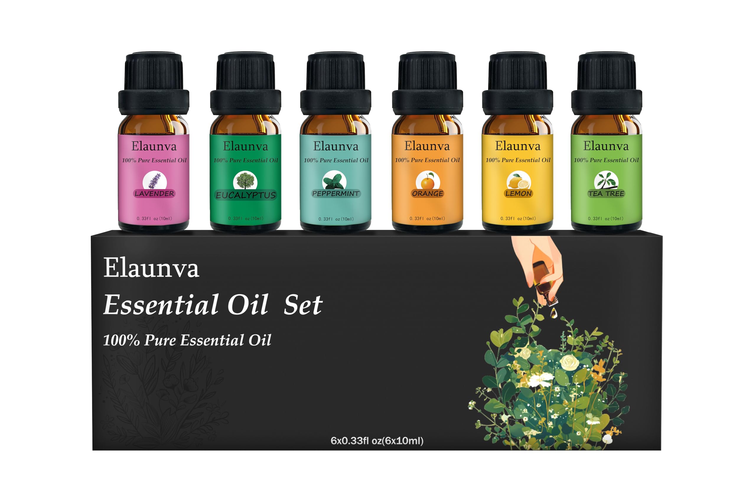 Essential Oils Set,100% Pure Natural,6 Scents,10ml Each,for Aromatherapy/Fragrance/Gift,Aroma Therapy Oil(Tea Tree,Eucalyptus,Lavender,Orange,Peppermint,Lemon),0.33Fl Oz*6-Pack of Basic Set