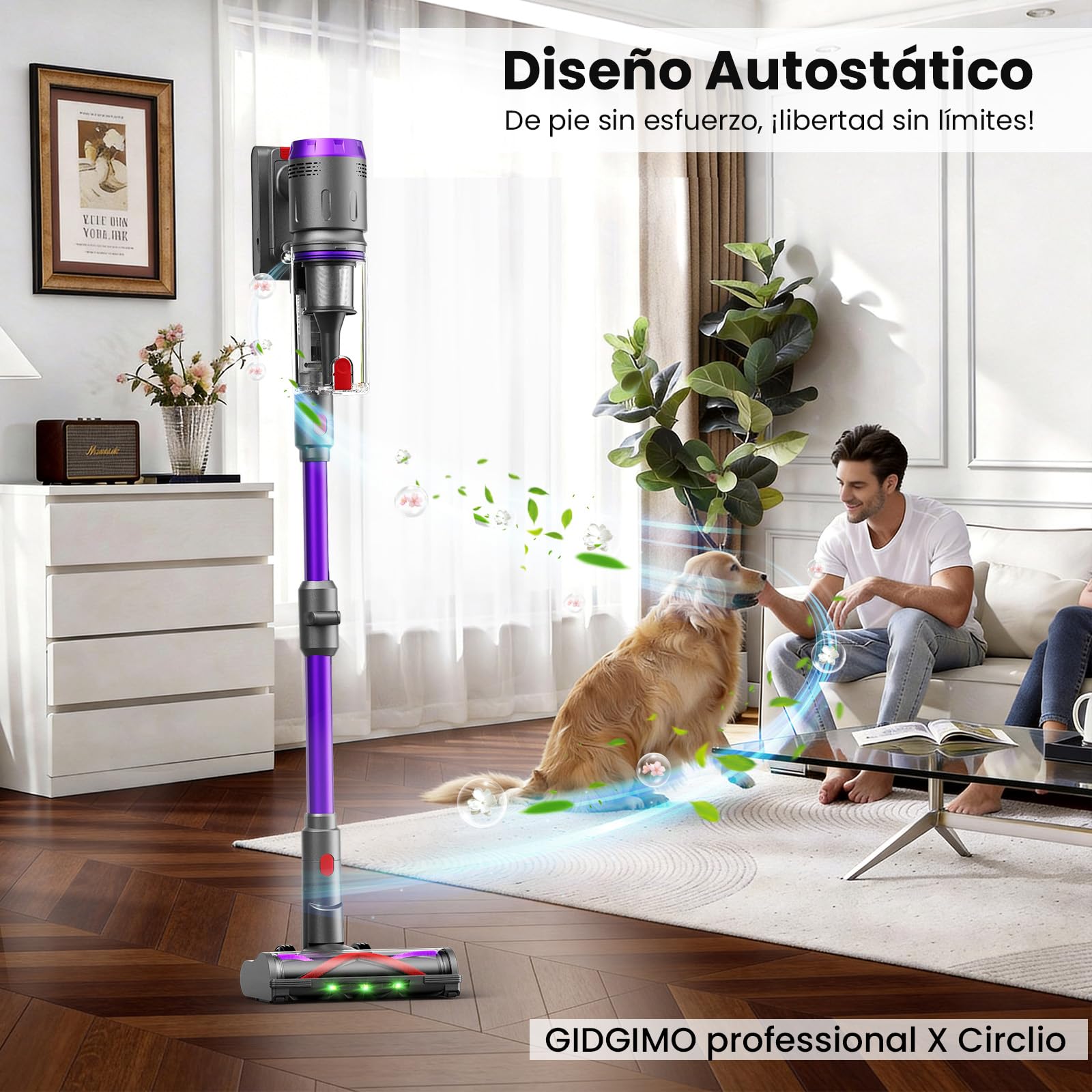 GIDGIMO professional X Circlio Aspiradora Sin Cable 58000Pa/600W/75Min, Escoba Aspiradora sin Cable de 1.6L, Pantalla LED Inteligente, Aspirador Antienredo para Suelos, Alfombras y Pelo de Mascotas