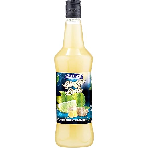 Mala's Ginger Lime Cordial Drink 750Ml Bottle | Lemon Ginger Syrup | Mixer for Fruit Shakes, Mocktails, Cocktails, Drinks, Sharbat, Sorbets, Juices, Beverages