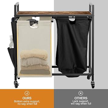 WOWLIVE Double Laundry Hamper with Lid,Rolling Laundry Basket Organizer with Wheels, Iron-Made Laundry Sorter with Top Shelf and 2 Removable Bags,Large Laundry Storage for Room,Black and Beige