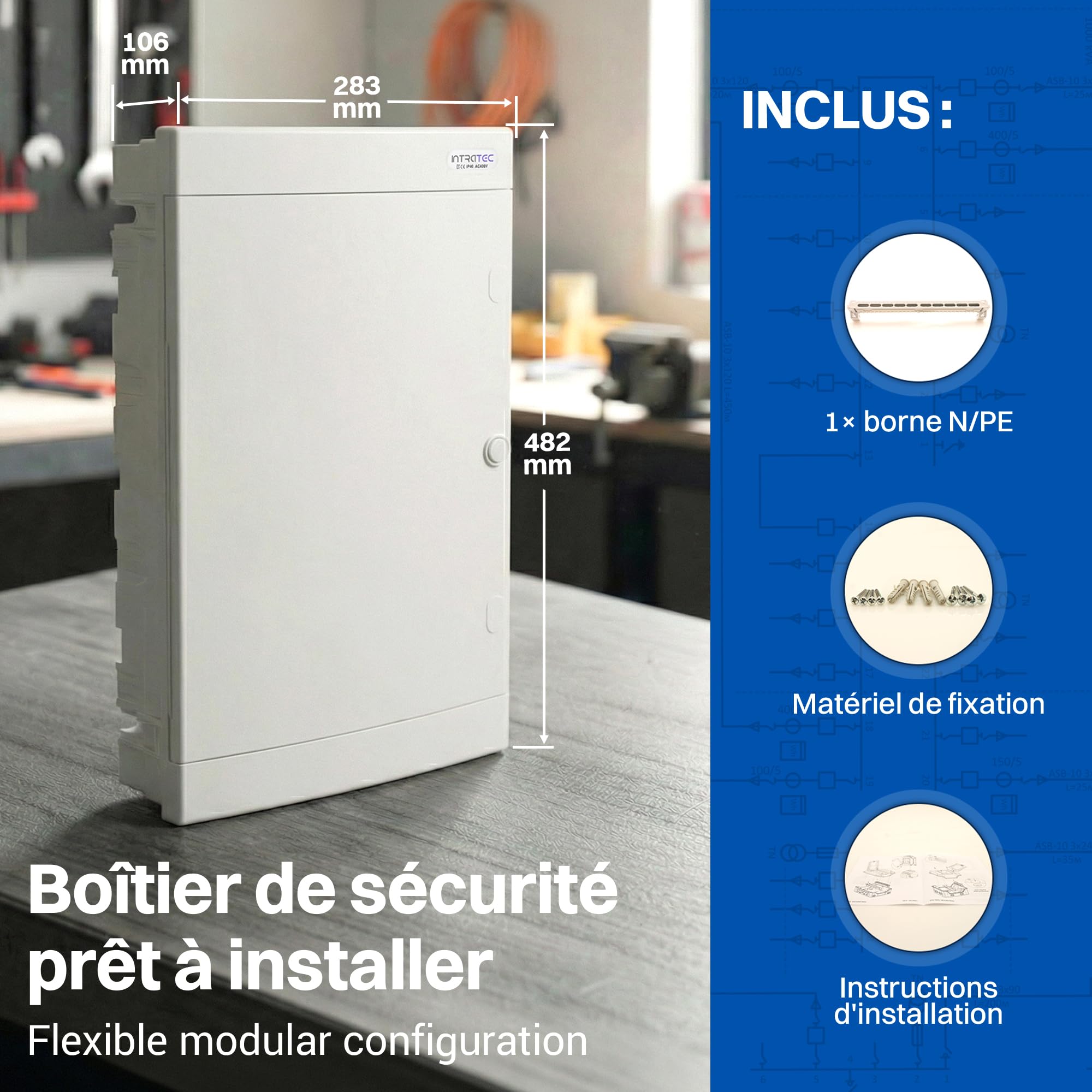 Intratec Coffret de Distribution Encastré 3 Rangée – Coffret IP40 pour 36 Modules avec Porte Blanc et Rail pour Installation Électrique Facile à Domicile & en Entreprise– 482 x 283 x 106mm