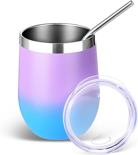 Miniatura 32 de Volhoply - Juego de 12 vasos de vino de 12 onzas con tapa, hechos de acero inoxidable con aislamiento al vacío de doble pared, vasos de vino sin