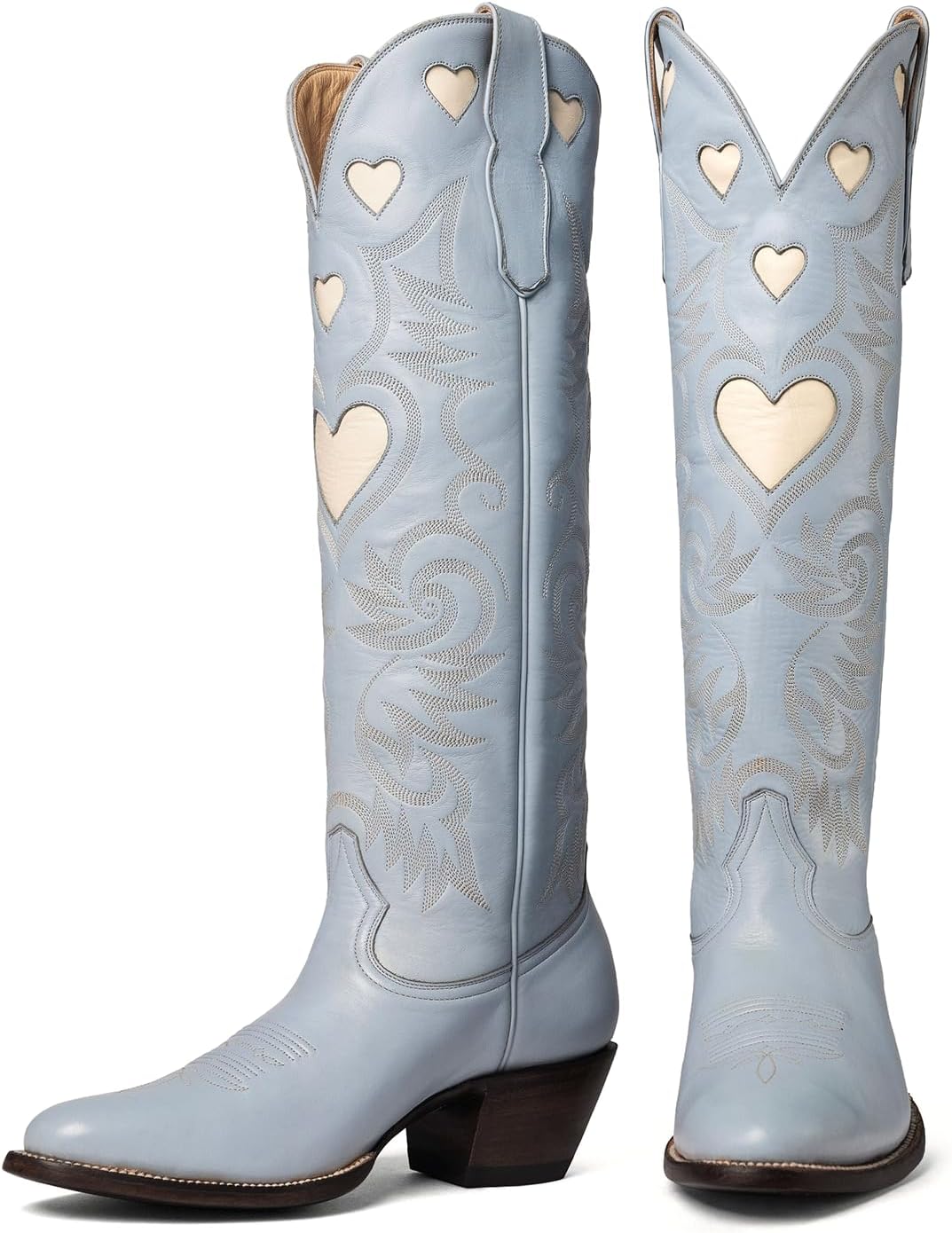 Alsoloveu Embroidered Cowboy Boots Women Heart pattern Knee High Cowgirl Boot Chunky Heel Pull On Western Booties