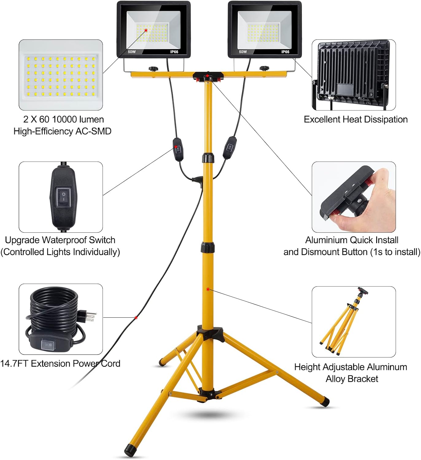 Work Light with Stand 10000 Lumen LED Work Light 100W Dual Head with 14FT Power Cord, 6000K Daylight White, IP66 Waterproof, Adjustable Metal Tripod Up to 63" for Indoor, Outdoor，Repair