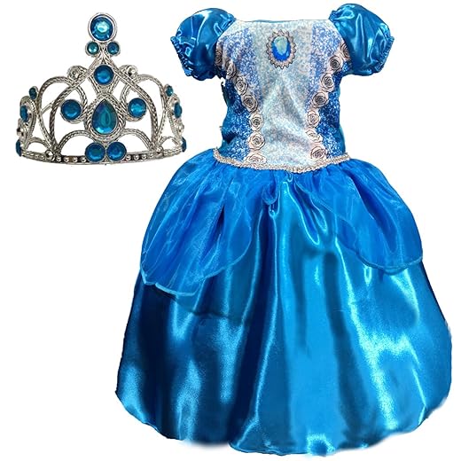 Vestido Princesa Azul Infantil Aniversário Fantasia E Coroa Tiara
