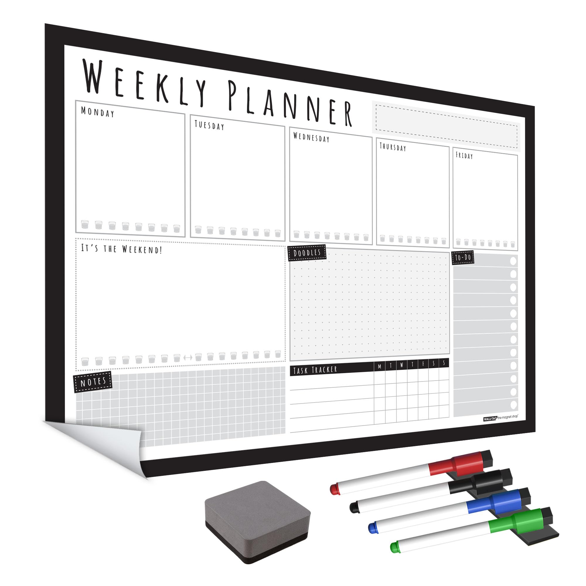 WallTAC Organizador semanal de pared (420 x 297 mm) | Pizarra blanca adhesiva y reutilizable | 4 rotuladores pizarra blanca y borrador incluidos