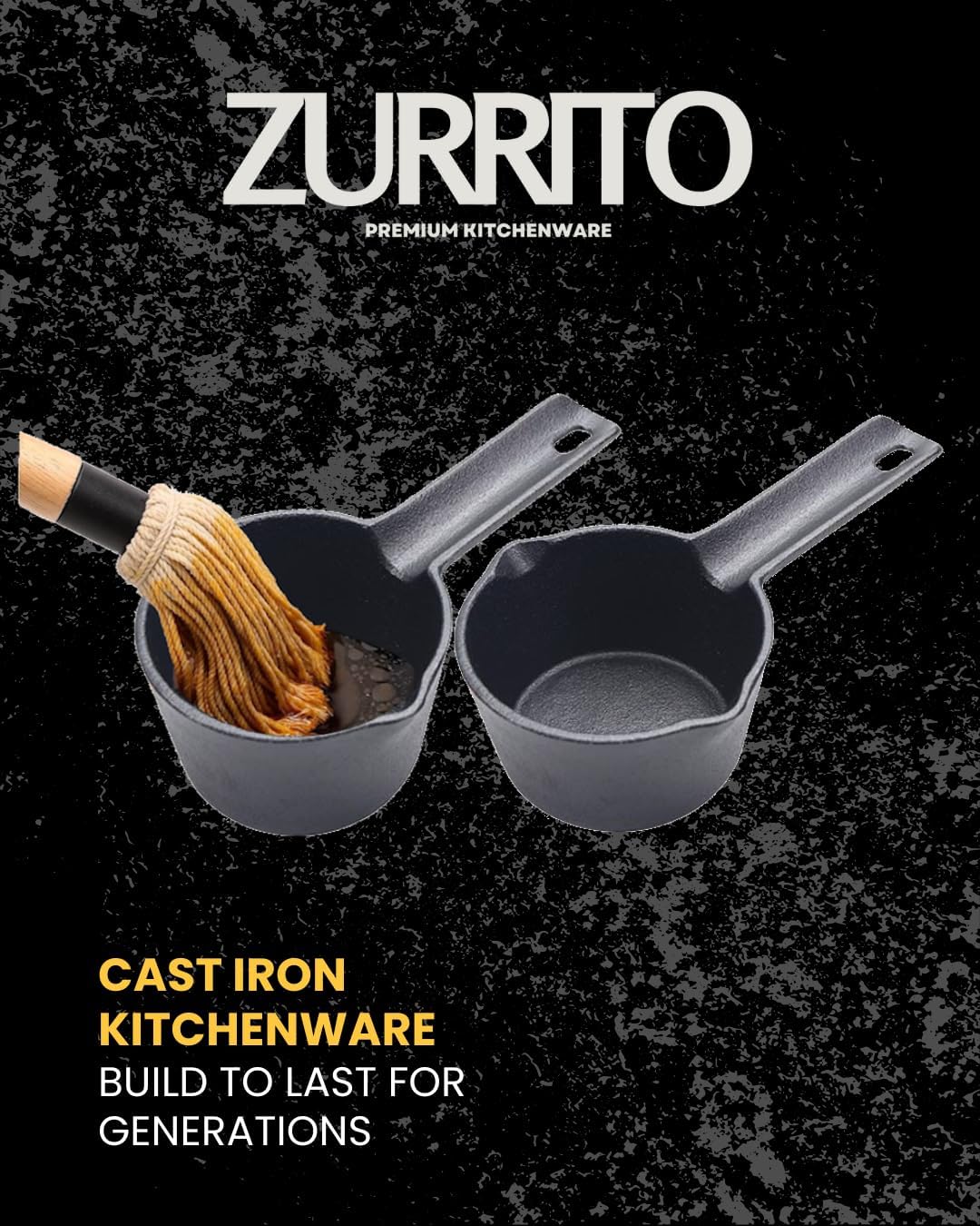 2x Cast Iron Sauce Pan Set - 2x 15oz Basting Pot with 18" BBQ Mop Brushes, Cast Iron Small Sauce Pots for Grilling, Melting, Camping Cooking & Stoves Butter Melter