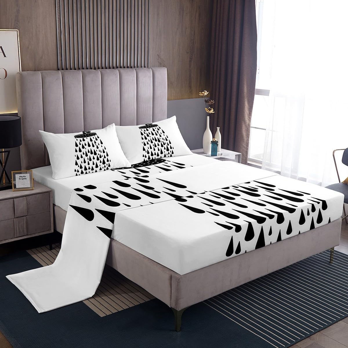 jejeloiu White and Black Funny Shower Head Bed Sheets Set for Kids Boys Girls Cartoon Water Bedding Set Full Size Take a Shower Have Fun Fitted Sheet Bedroom Decor Breathable Soft Lightweight 4Pcs