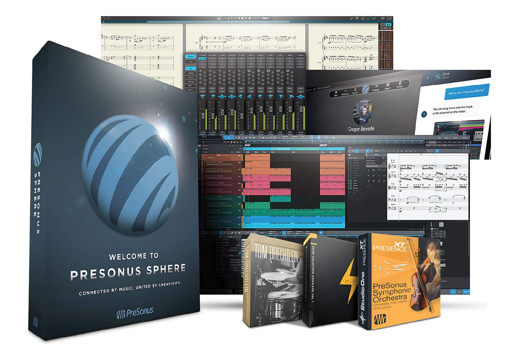 PreSonus Sphere, 1-Jahres-Mitgliedschaft Karte, für Zugriff auf die PreSonus-Software einschließlich Studio One Professional, Notion, Plug-Ins, Probepackungen, kurse, Online-Zusammenarbeit und mehr